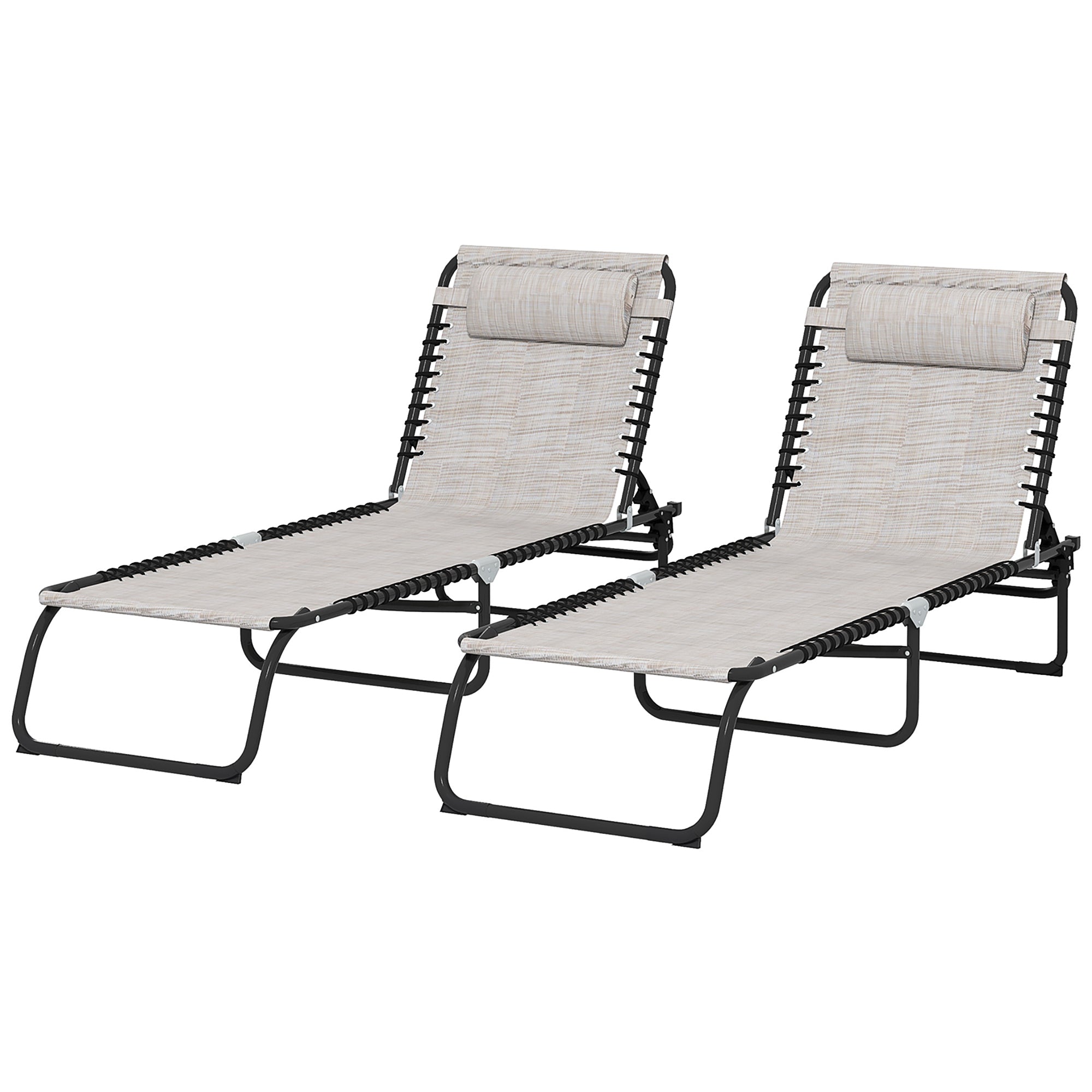 Outsunny 2 Pieces Folding Lounge Chairs, 4-Level Adjustable Chaise Lounges with Headrest, Tanning Chair Beach Beds, Reclining Lounger Cot for Camping, Hiking, Backyard, Cream White