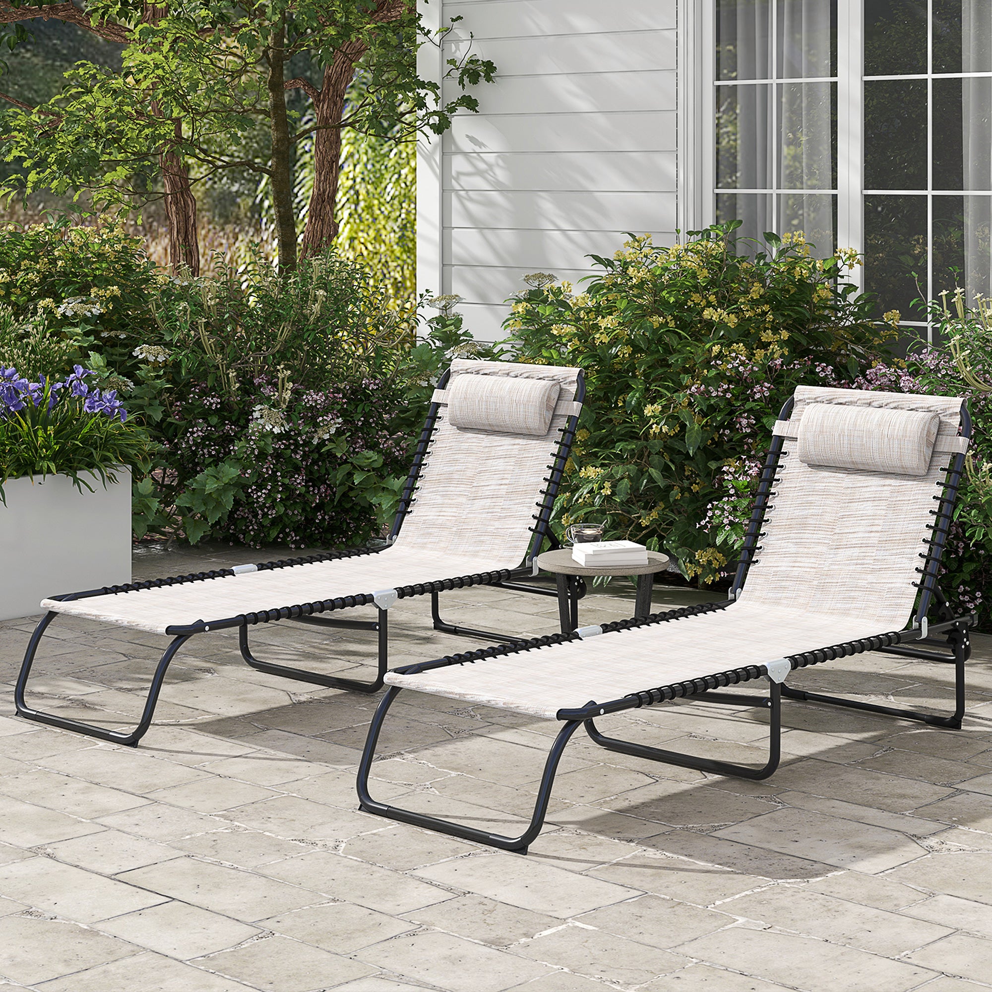 Outsunny 2 Pieces Folding Lounge Chairs, 4-Level Adjustable Chaise Lounges with Headrest, Tanning Chair Beach Beds, Reclining Lounger Cot for Camping, Hiking, Backyard, Cream White