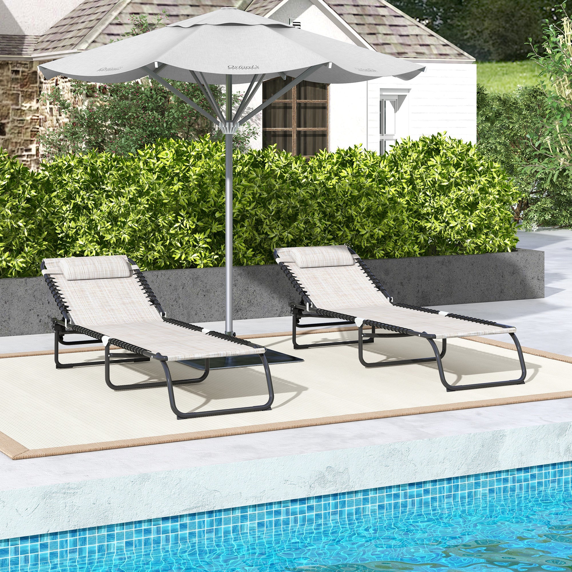 Outsunny 2 Pieces Folding Lounge Chairs, 4-Level Adjustable Chaise Lounges with Headrest, Tanning Chair Beach Beds, Reclining Lounger Cot for Camping, Hiking, Backyard, Cream White