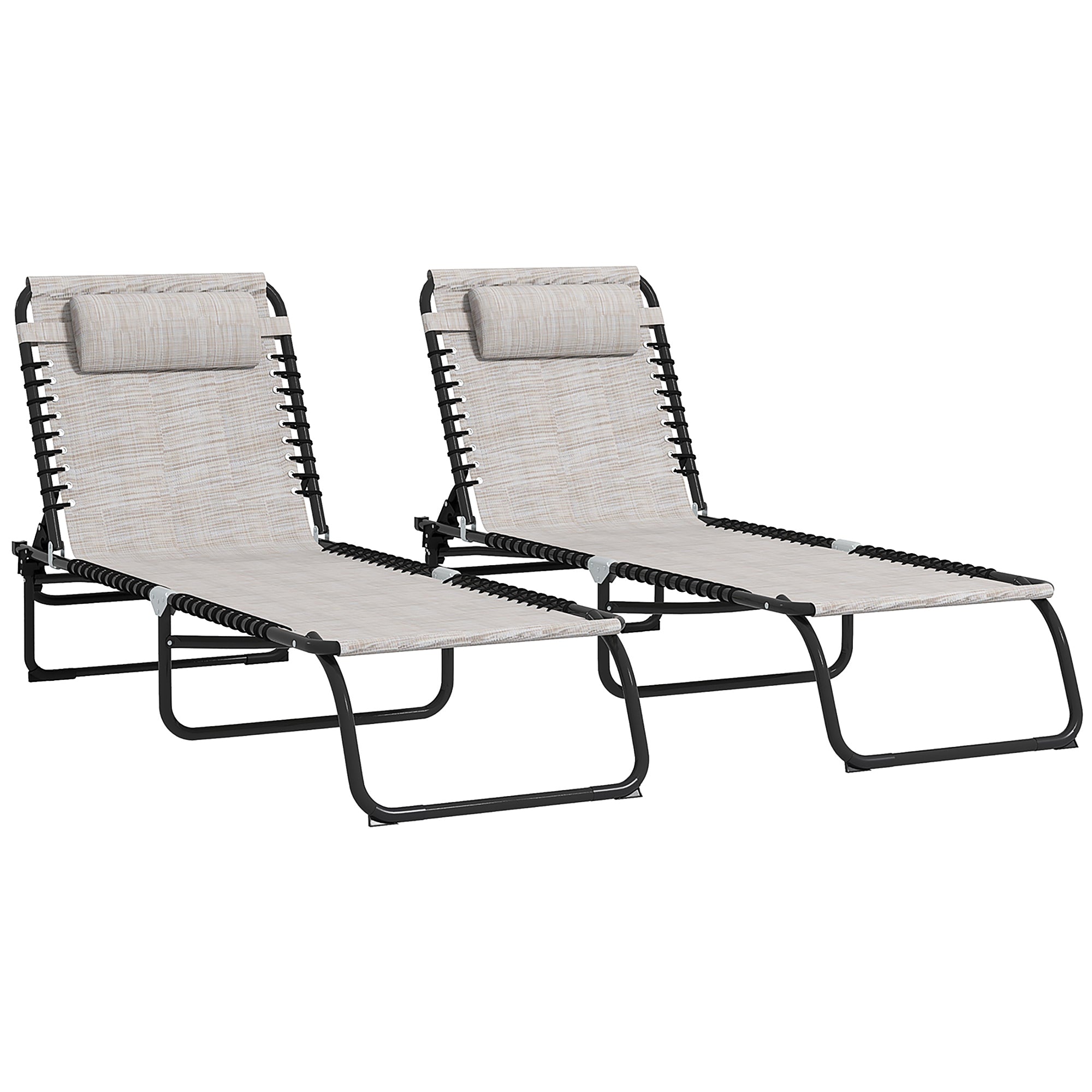 Outsunny 2 Pieces Folding Lounge Chairs, 4-Level Adjustable Chaise Lounges with Headrest, Tanning Chair Beach Beds, Reclining Lounger Cot for Camping, Hiking, Backyard, Cream White