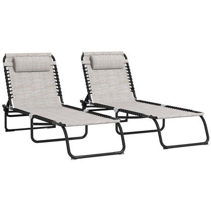 Outsunny 2 Pieces Folding Lounge Chairs, 4-Level Adjustable Chaise Lounges with Headrest, Tanning Chair Beach Beds, Reclining Lounger Cot for Camping, Hiking, Backyard, Cream White