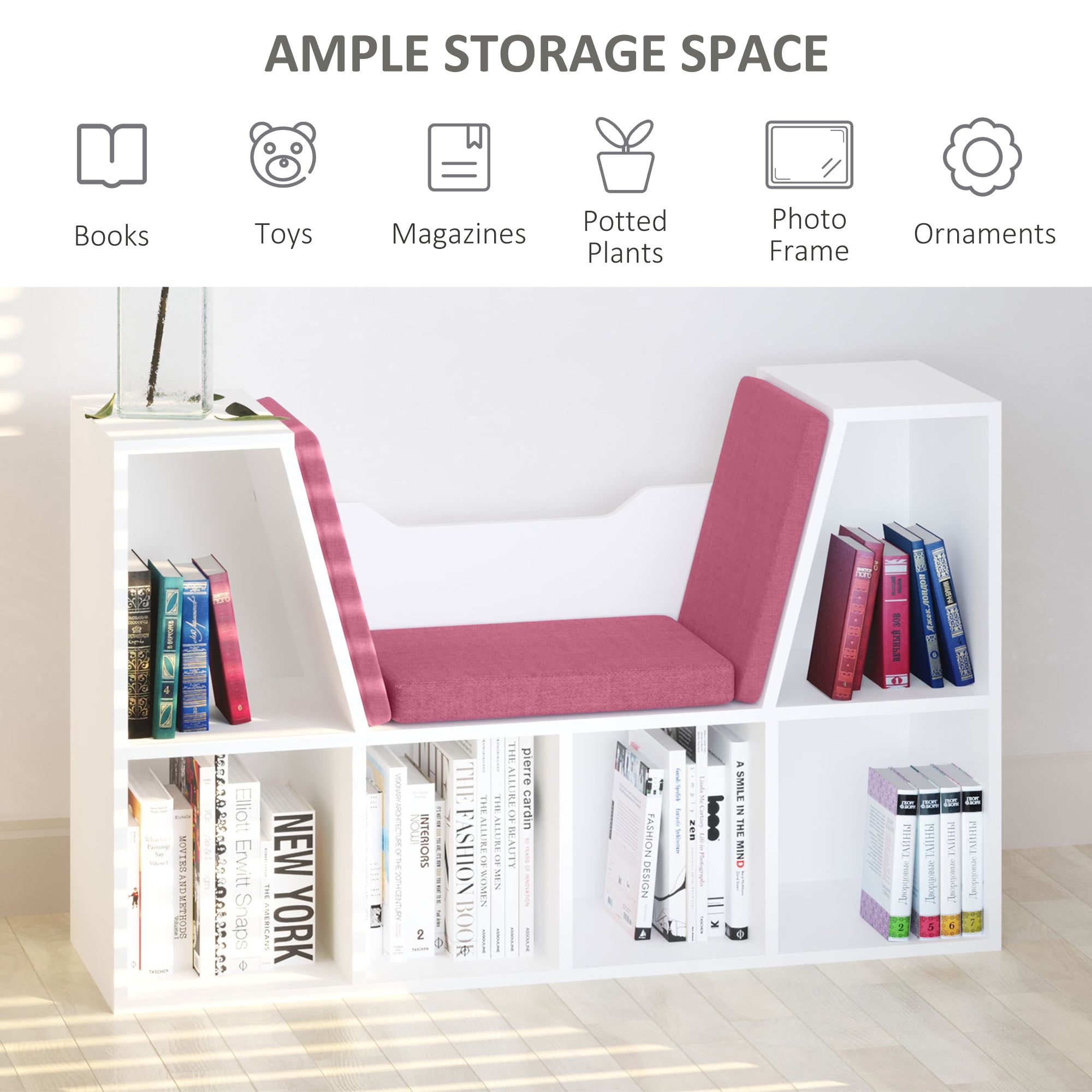 HOMCOM 6-Cubby Bookcase with Seat Cushion, Cube Storage Shelf Bookshelf with Reading Nook for Home Office, Study, Pink