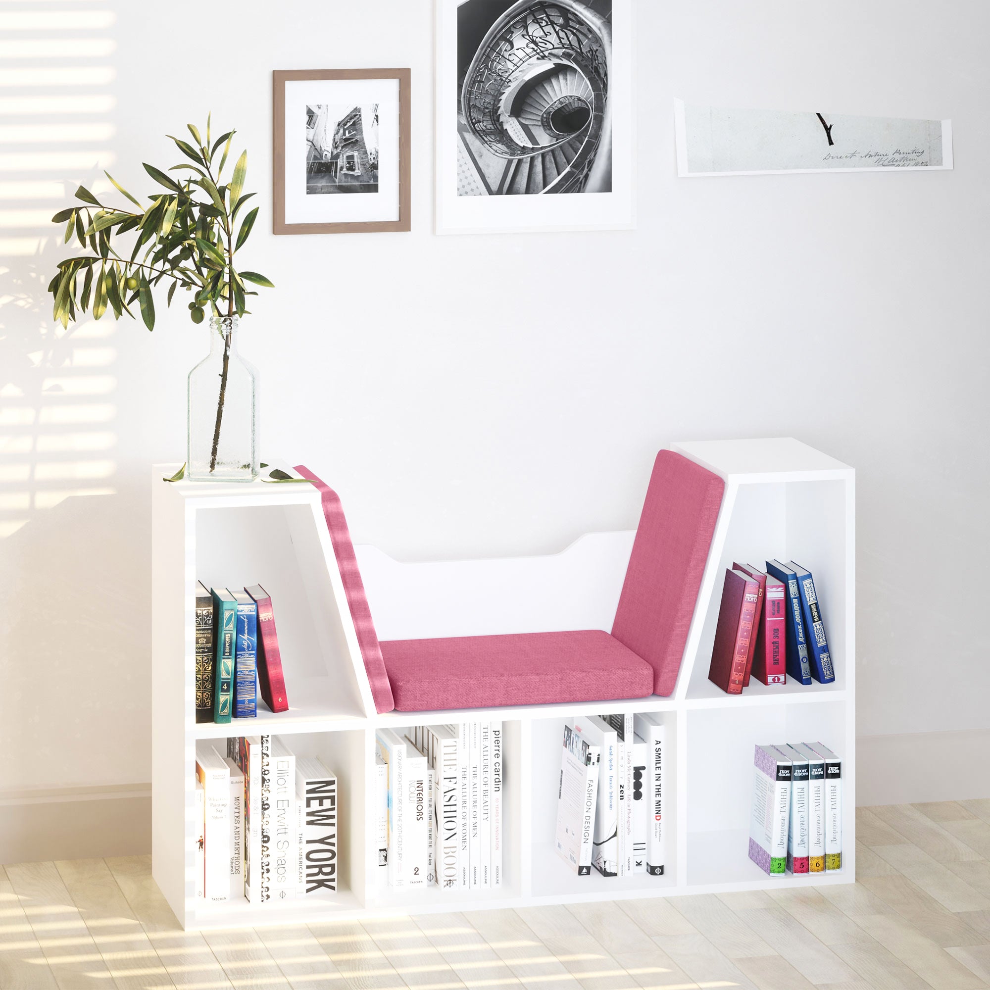 HOMCOM 6-Cubby Bookcase with Seat Cushion, Cube Storage Shelf Bookshelf with Reading Nook for Home Office, Study, Pink