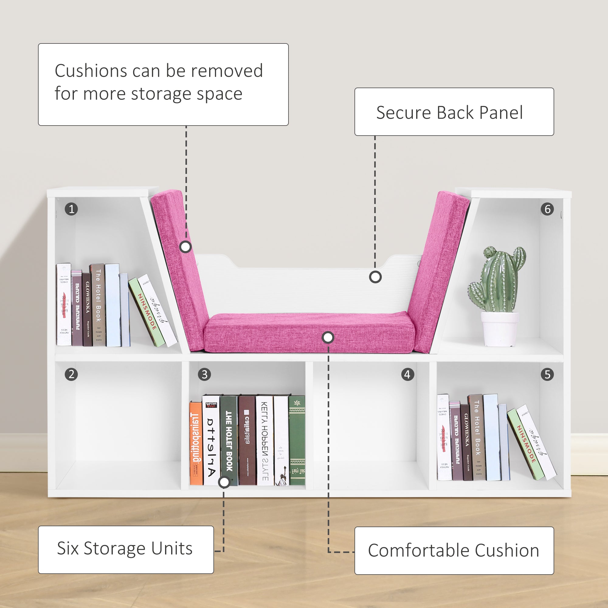 HOMCOM 6-Cubby Bookcase with Seat Cushion, Cube Storage Shelf Bookshelf with Reading Nook for Home Office, Study, Pink