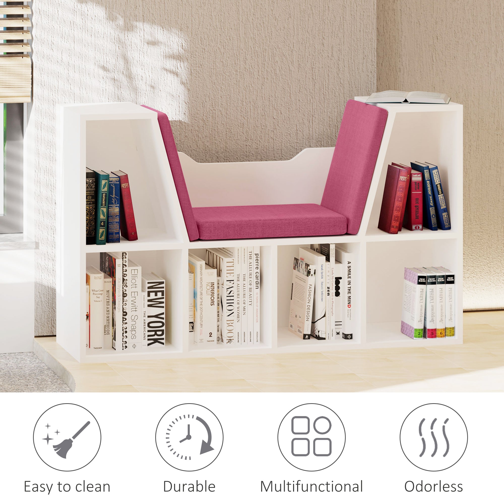 HOMCOM 6-Cubby Bookcase with Seat Cushion, Cube Storage Shelf Bookshelf with Reading Nook for Home Office, Study, Pink