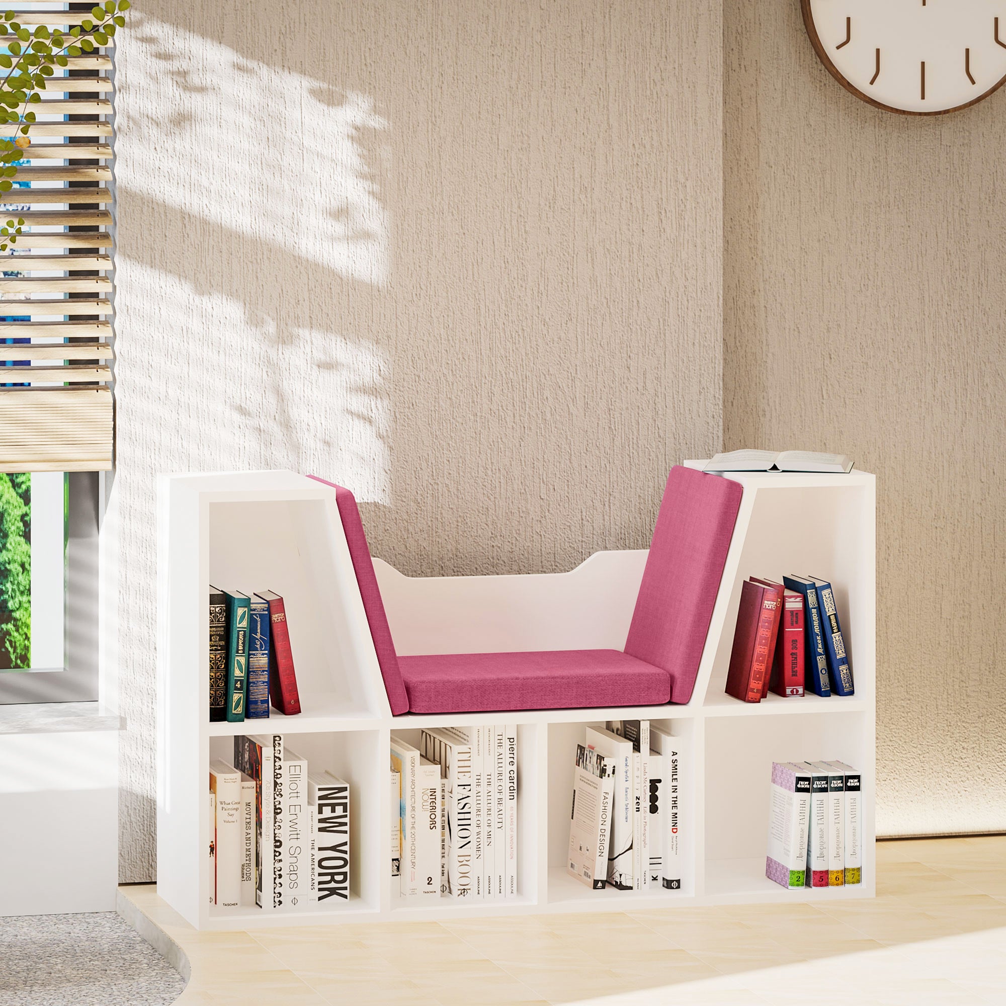 HOMCOM 6-Cubby Bookcase with Seat Cushion, Cube Storage Shelf Bookshelf with Reading Nook for Home Office, Study, Pink