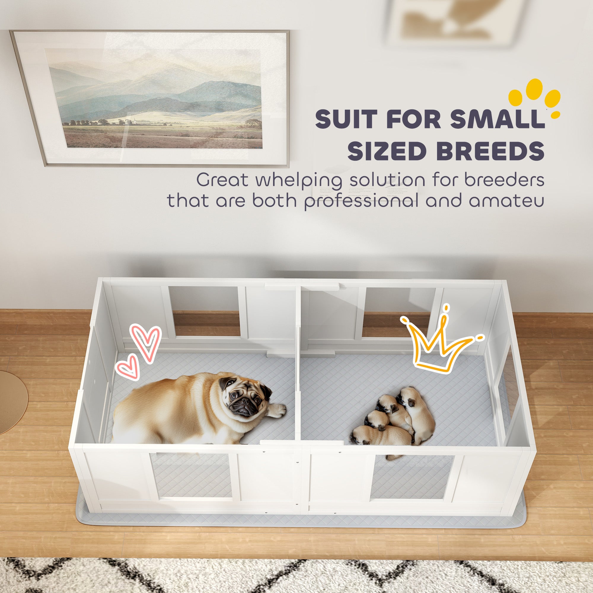PawHut Whelping Box for Dogs with Waterproof Whelping Pad, Dog Whelping Pen with Clear Panels, Adjustable Entrance, Double Room, Non-slip Foot Pads, for Small Dogs, 65" L x 31.5" W x 19" H