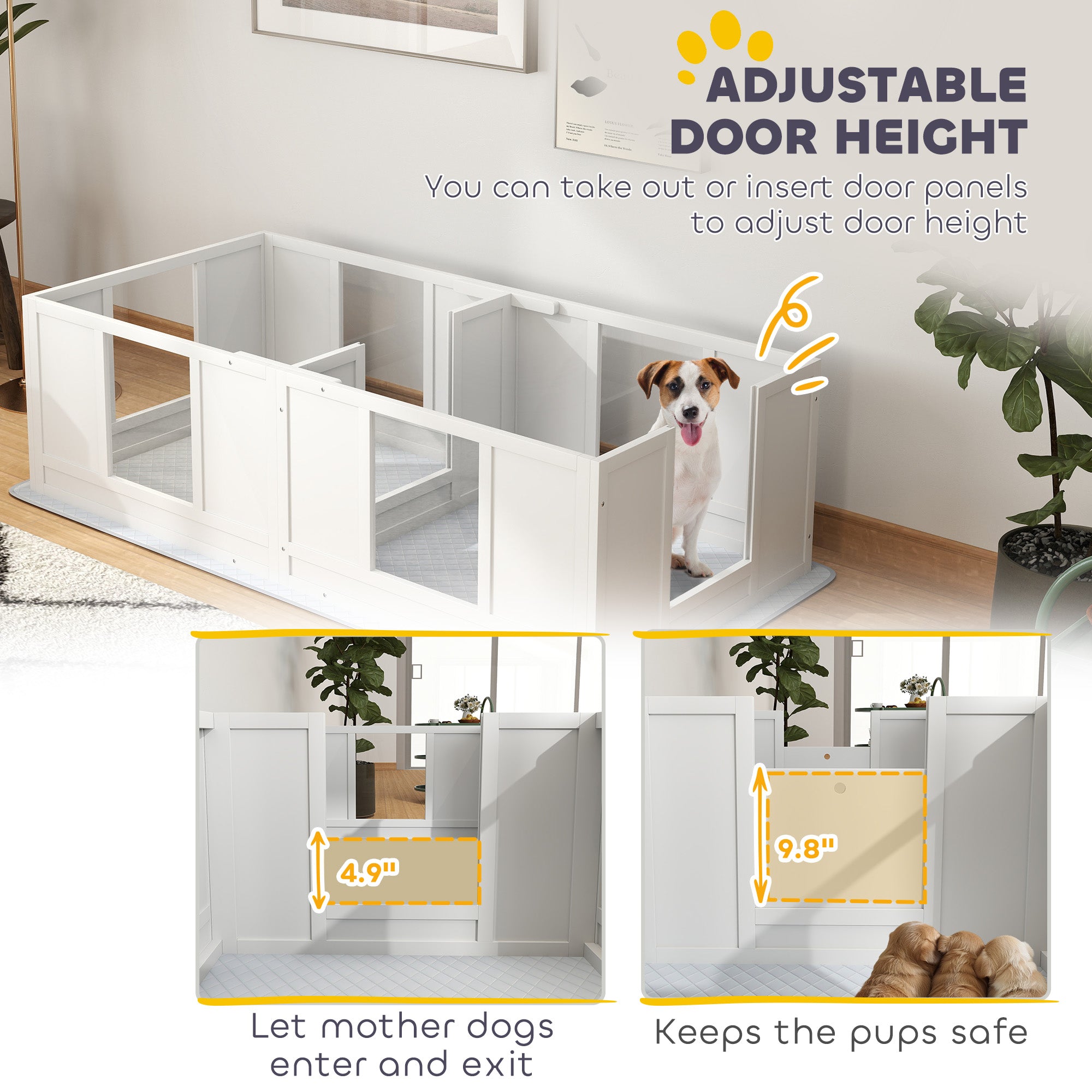 PawHut Whelping Box for Dogs with Waterproof Whelping Pad, Dog Whelping Pen with Clear Panels, Adjustable Entrance, Double Room, Non-slip Foot Pads, for Small Dogs, 65" L x 31.5" W x 19" H