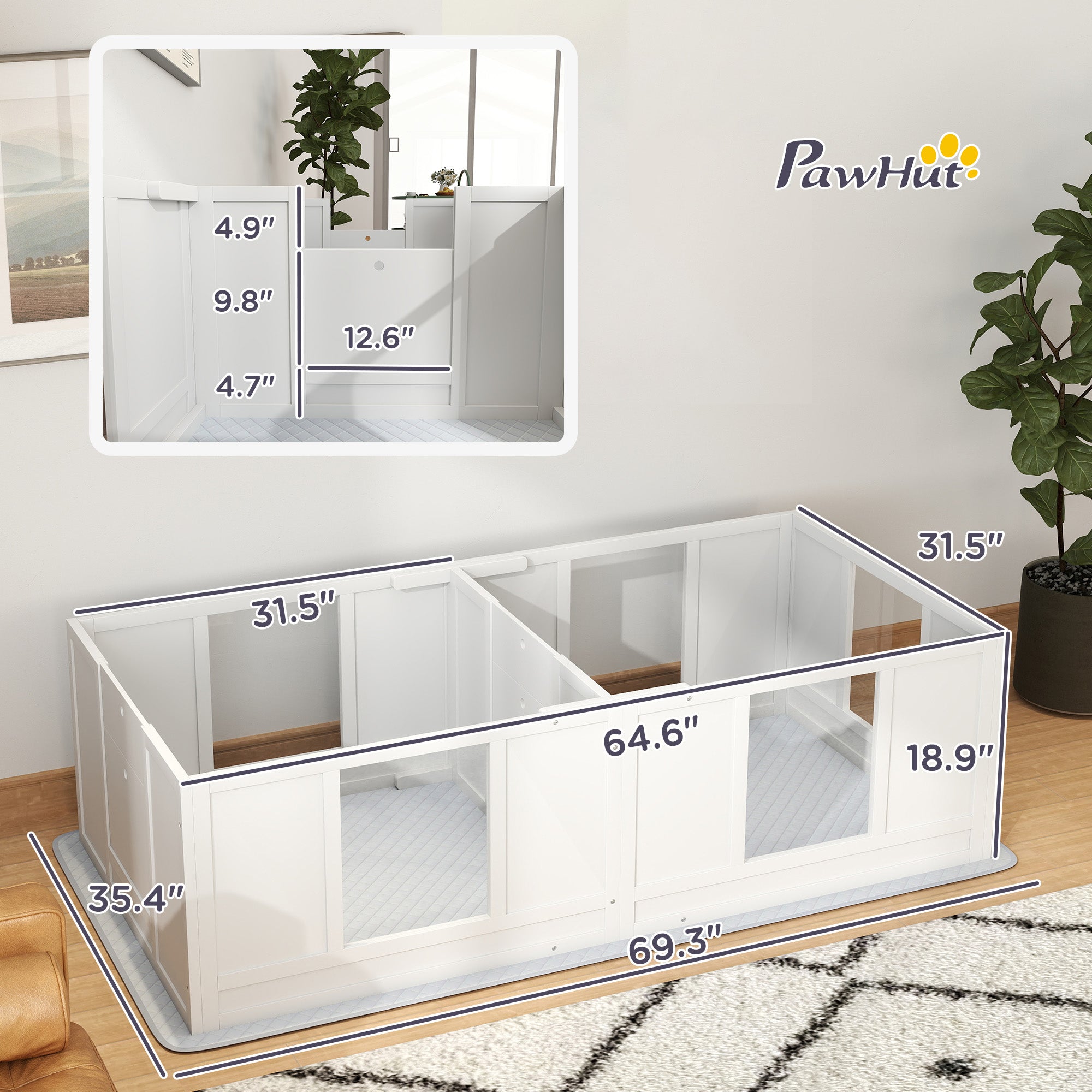 PawHut Whelping Box for Dogs with Waterproof Whelping Pad, Dog Whelping Pen with Clear Panels, Adjustable Entrance, Double Room, Non-slip Foot Pads, for Small Dogs, 65" L x 31.5" W x 19" H