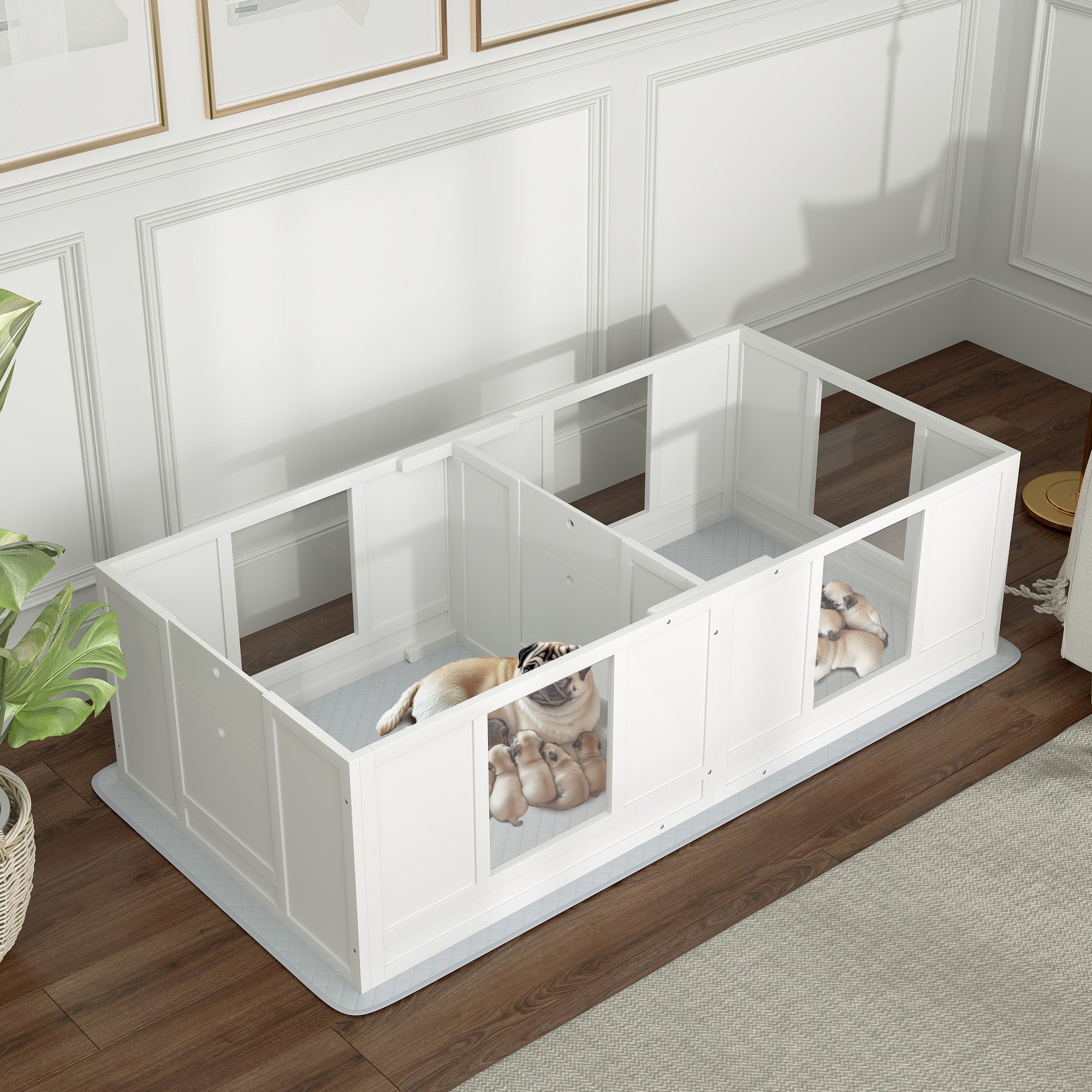 PawHut Whelping Box for Dogs with Waterproof Whelping Pad, Dog Whelping Pen with Clear Panels, Adjustable Entrance, Double Room, Non-slip Foot Pads, for Small Dogs, 65" L x 31.5" W x 19" H