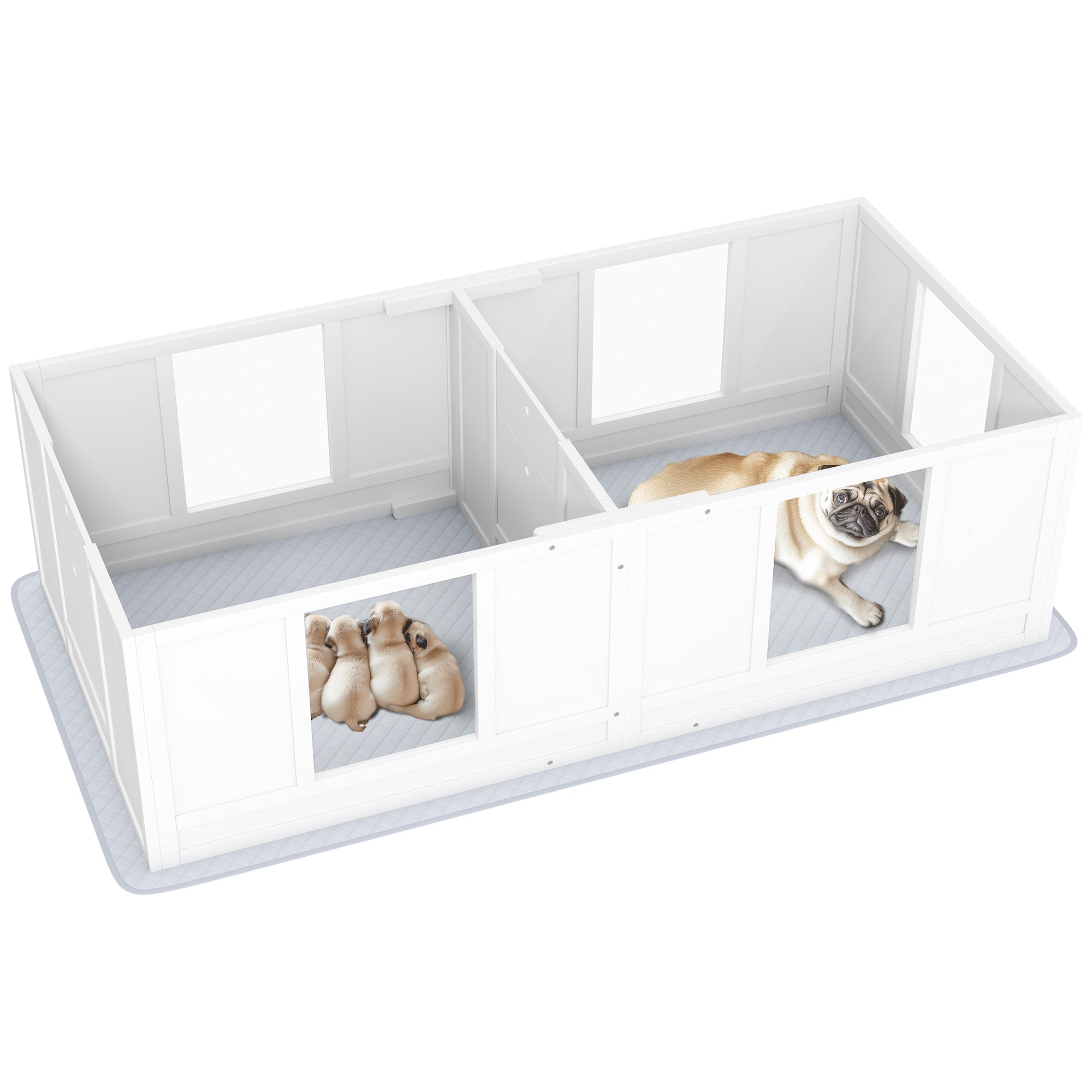 PawHut Whelping Box for Dogs with Waterproof Whelping Pad, Dog Whelping Pen with Clear Panels, Adjustable Entrance, Double Room, Non-slip Foot Pads, for Small Dogs, 65" L x 31.5" W x 19" H