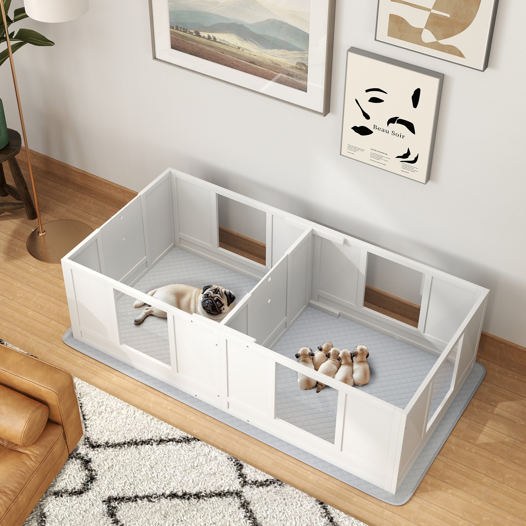 PawHut Whelping Box for Dogs with Waterproof Whelping Pad, Dog Whelping Pen with Clear Panels, Adjustable Entrance, Double Room, Non-slip Foot Pads, for Small Dogs, 65" L x 31.5" W x 19" H