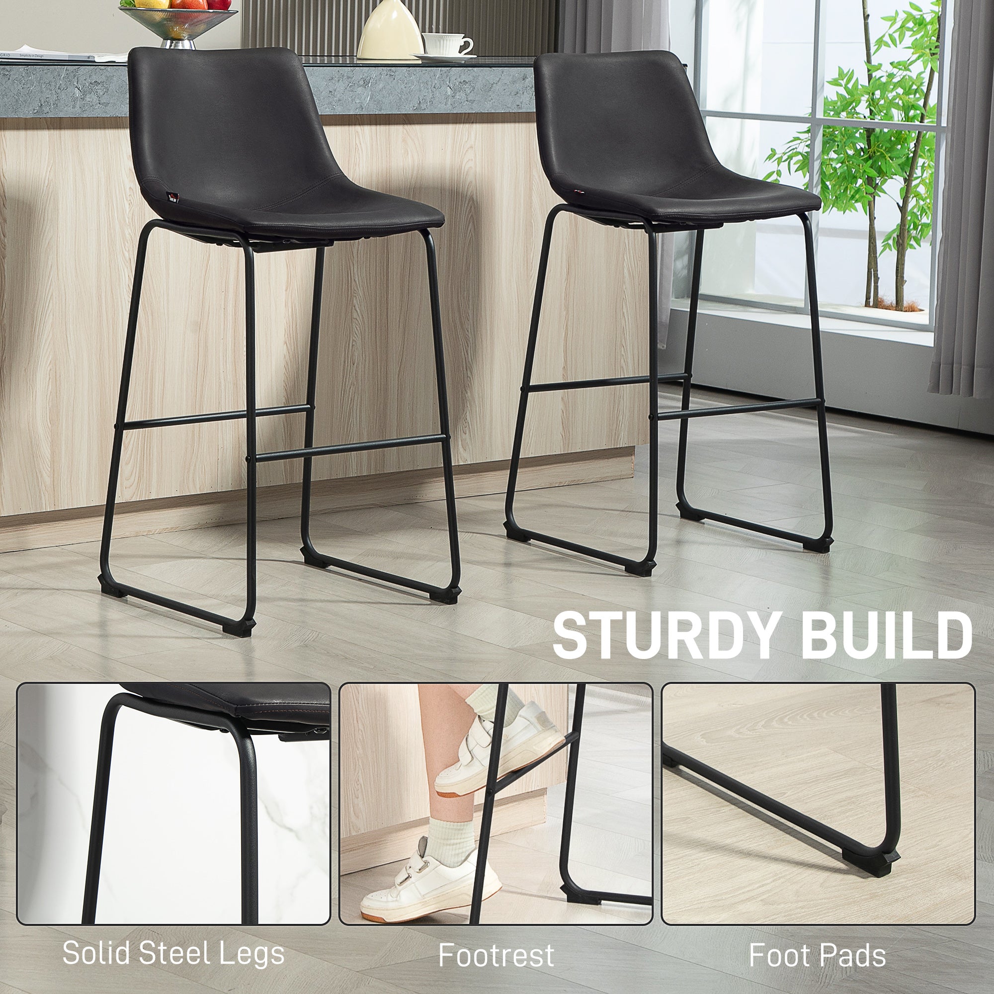 HOMCOM Counter Height Bar Stools Set of 2, Vintage PU Leather Bar Chairs, Kitchen Stools with Footrest for Home Bar, Dark Brown