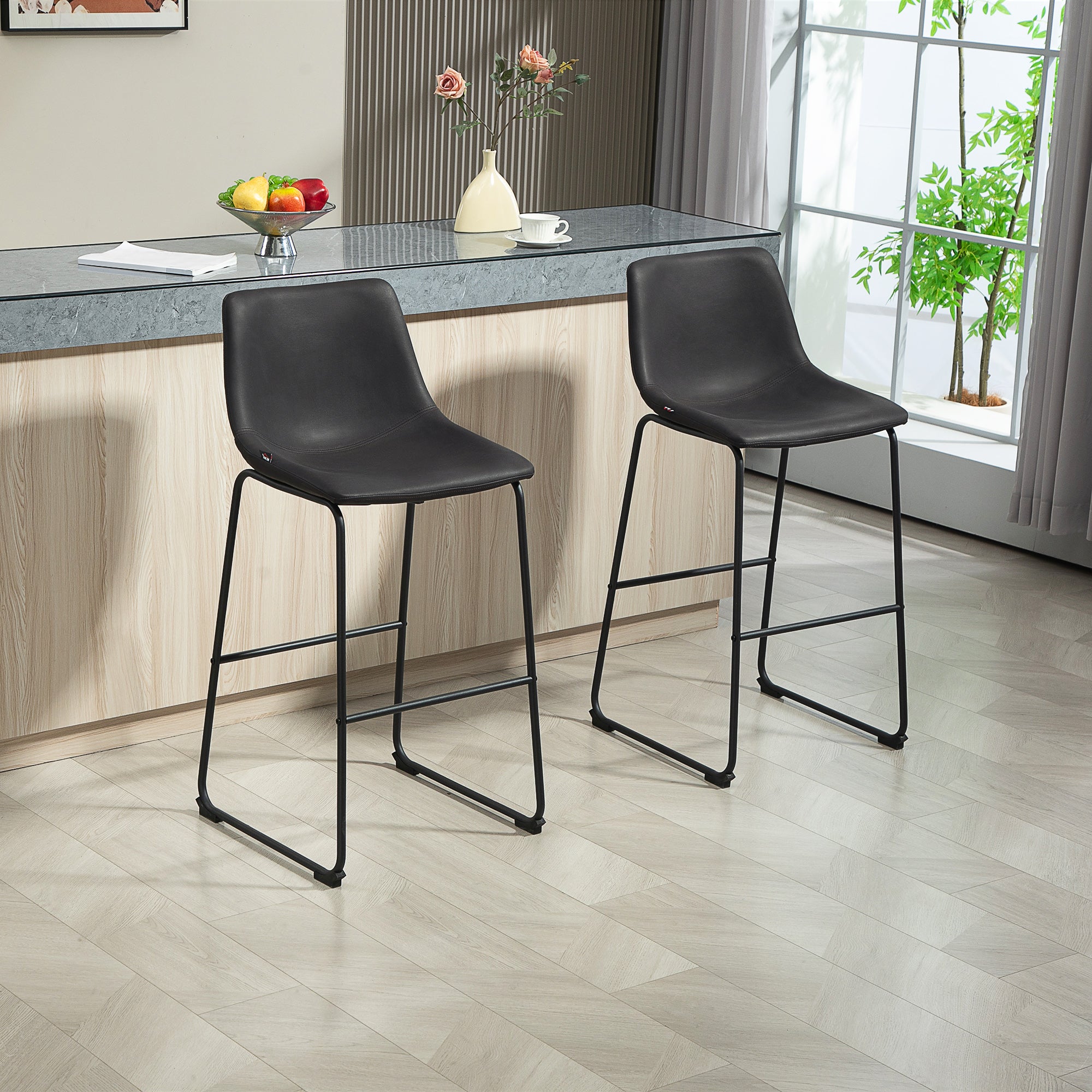 HOMCOM Counter Height Bar Stools Set of 2, Vintage PU Leather Bar Chairs, Kitchen Stools with Footrest for Home Bar, Dark Brown