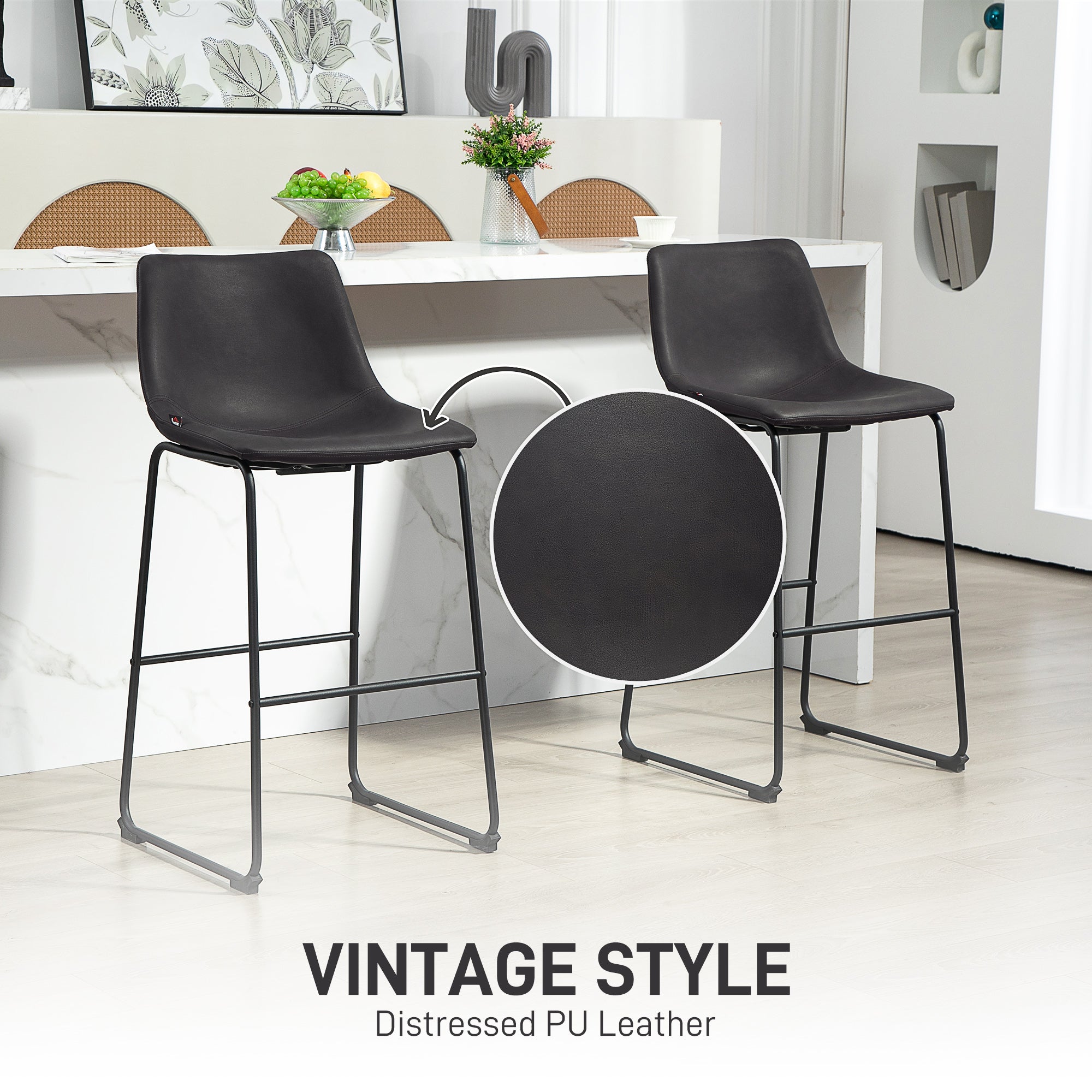 HOMCOM Counter Height Bar Stools Set of 2, Vintage PU Leather Bar Chairs, Kitchen Stools with Footrest for Home Bar, Dark Brown