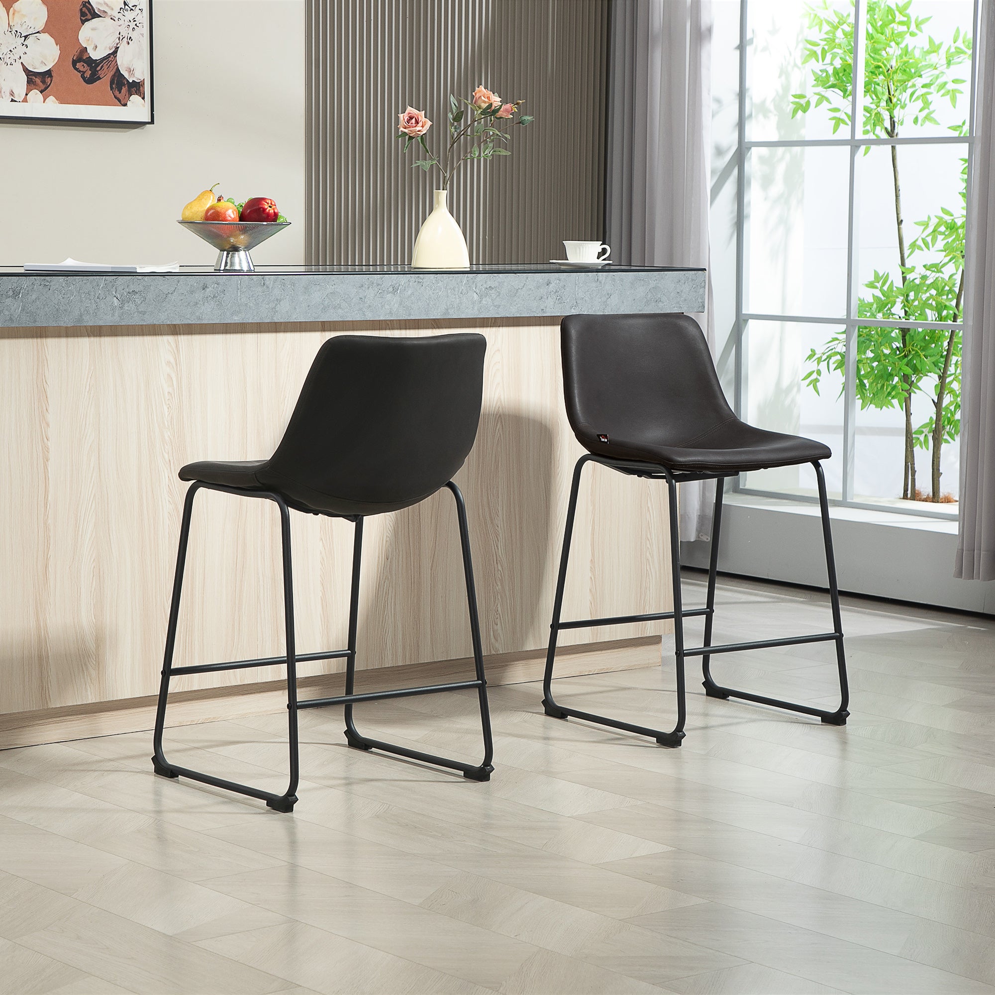 HOMCOM Counter Height Bar Stools Set of 2, Vintage PU Leather Bar Chairs, Kitchen Stools with Footrest for Home Bar, Dark Brown