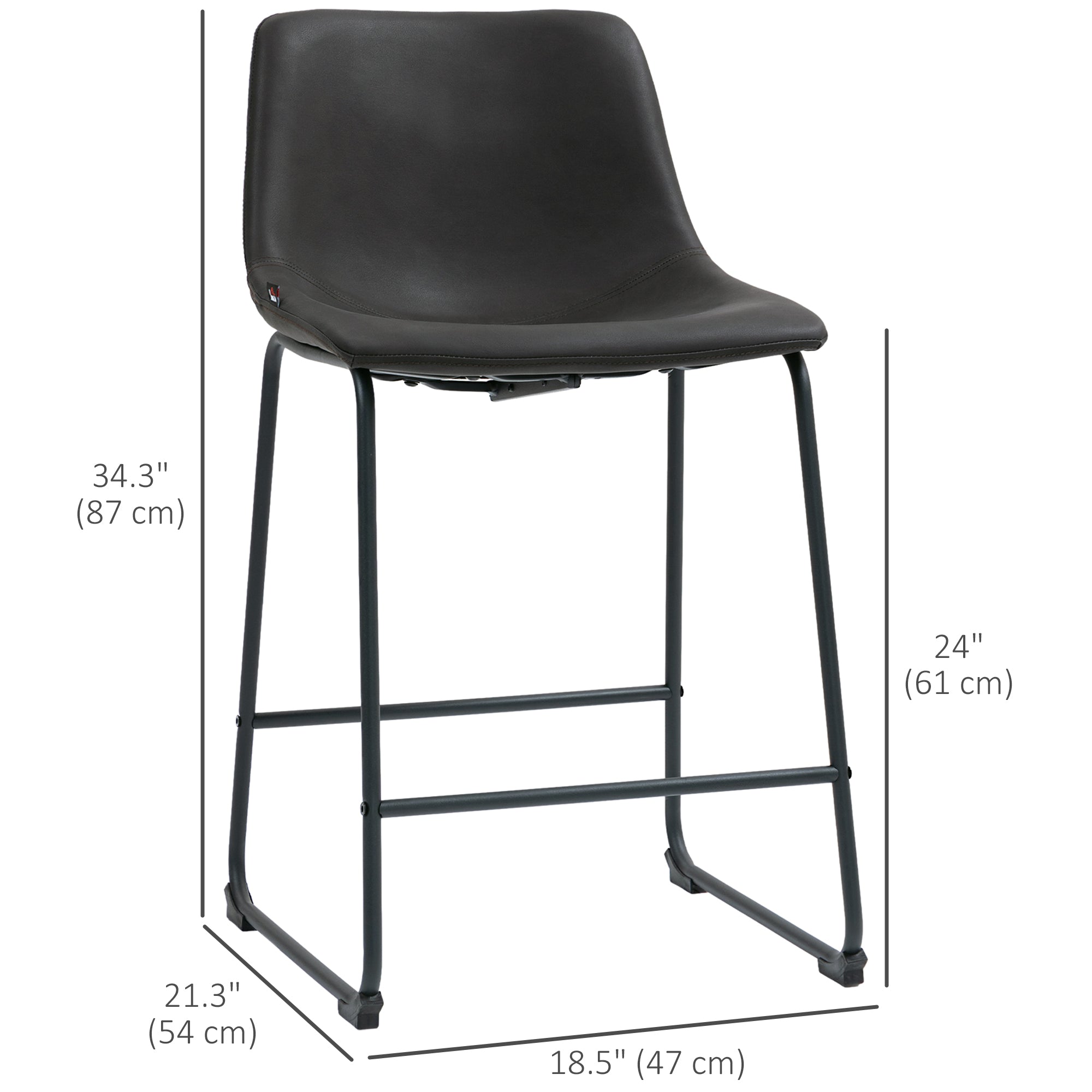 HOMCOM Counter Height Bar Stools Set of 2, Vintage PU Leather Bar Chairs, Kitchen Stools with Footrest for Home Bar, Dark Brown