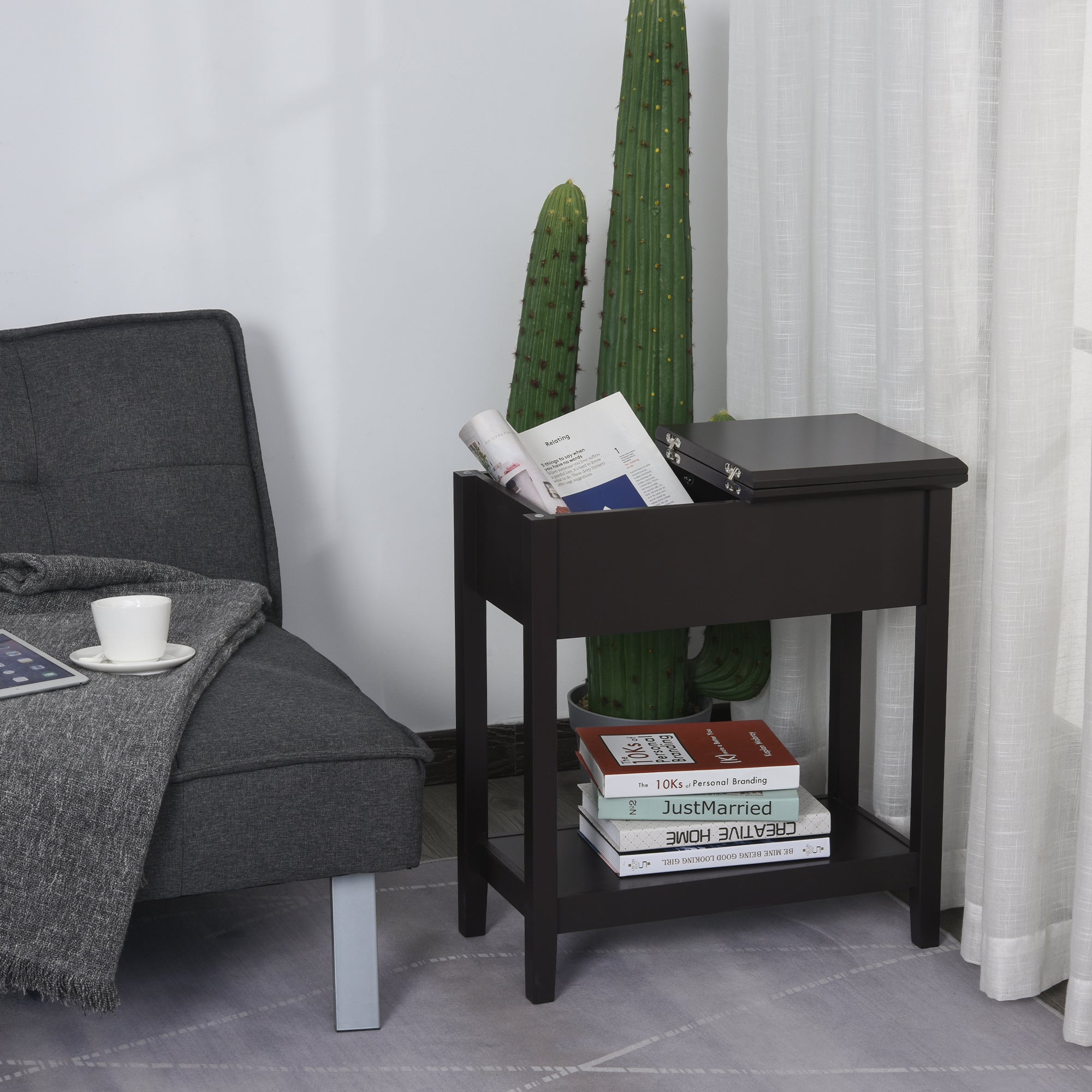 HOMCOM Flip Top End Table, Side Table with Storage Shelf, Narrow Nightstand for Small Spaces in Living Room, Bedroom, 22.2" x 11.1" x 23.6", Dark Coffee
