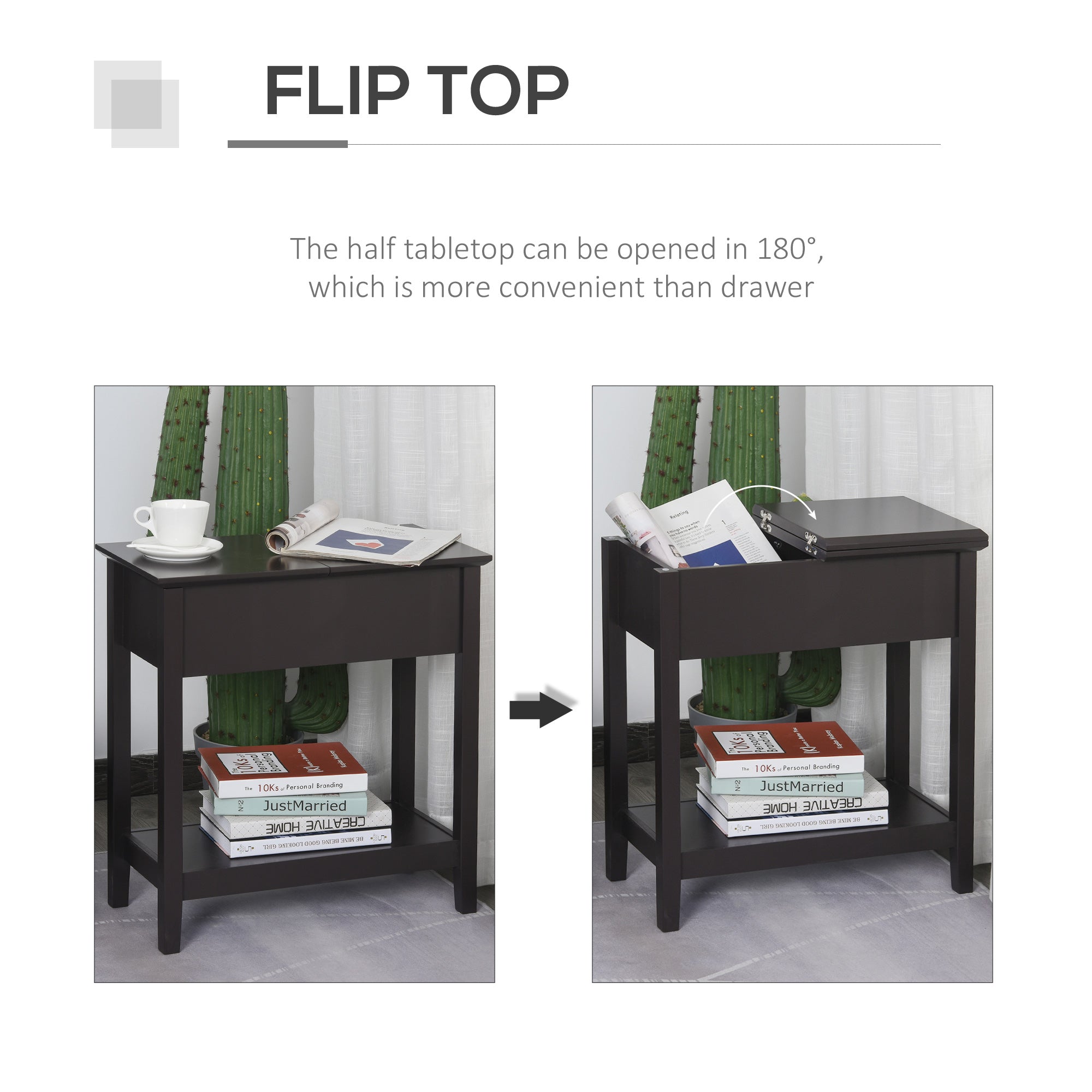 HOMCOM Flip Top End Table, Side Table with Storage Shelf, Narrow Nightstand for Small Spaces in Living Room, Bedroom, 22.2" x 11.1" x 23.6", Dark Coffee