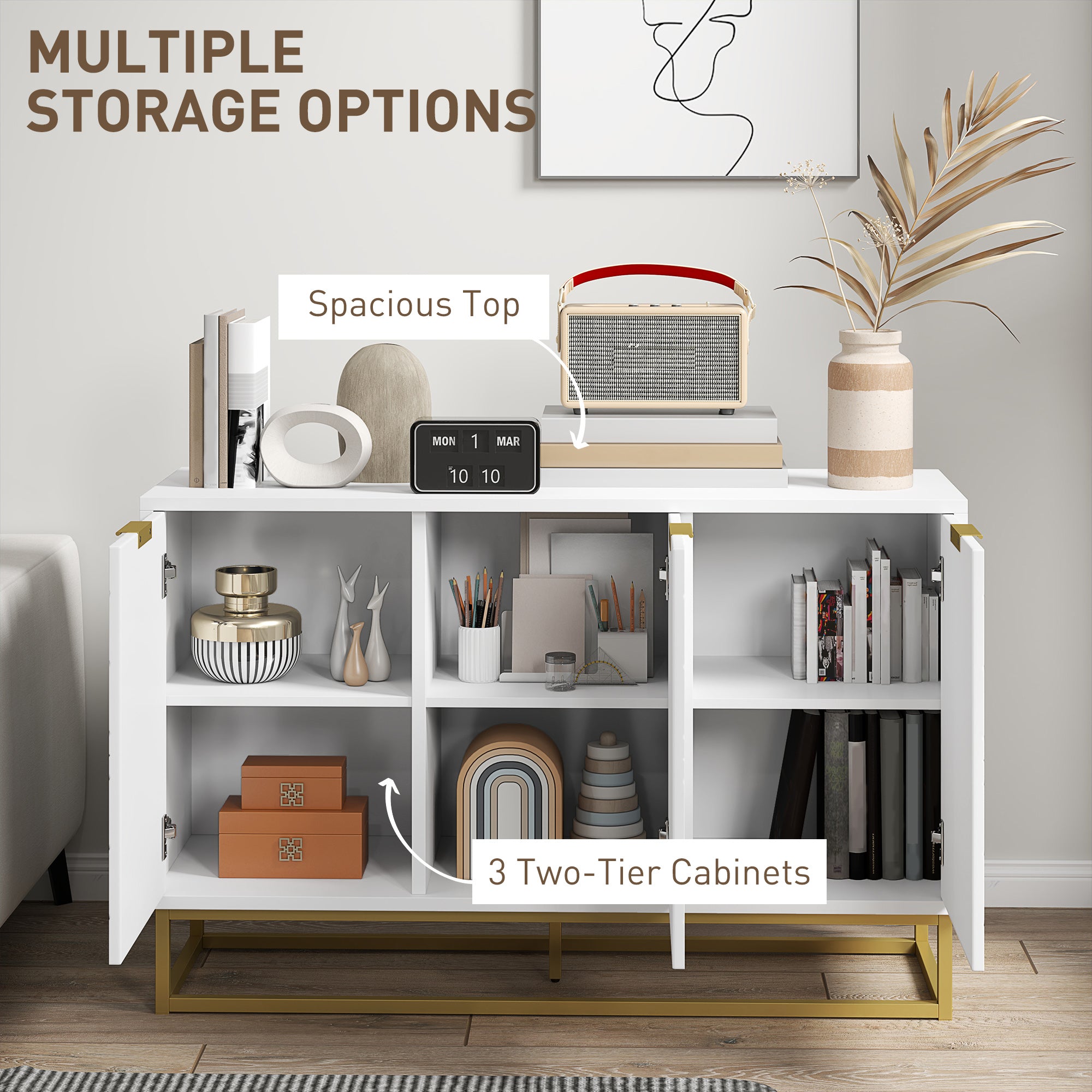 HOMCOM 47" Sideboard Buffet Cabinet with Storage, Contemporary Buffet Cabinet with Adjustable Shelves and Metal Legs, Kitchen Storage Cabinet with Elevated Base, White