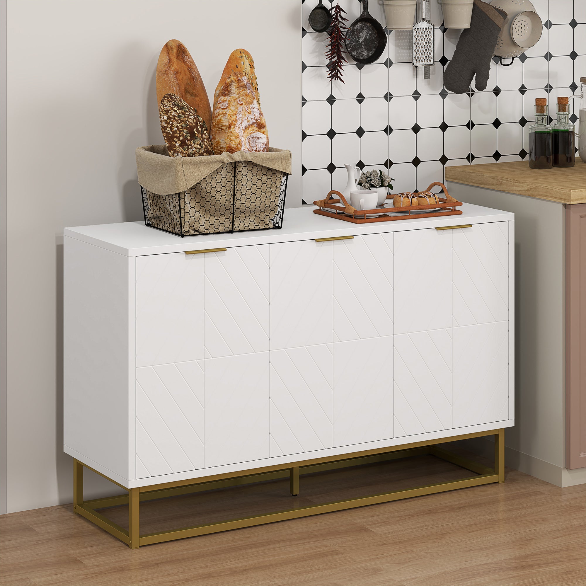 HOMCOM 47" Sideboard Buffet Cabinet with Storage, Contemporary Buffet Cabinet with Adjustable Shelves and Metal Legs, Kitchen Storage Cabinet with Elevated Base, White