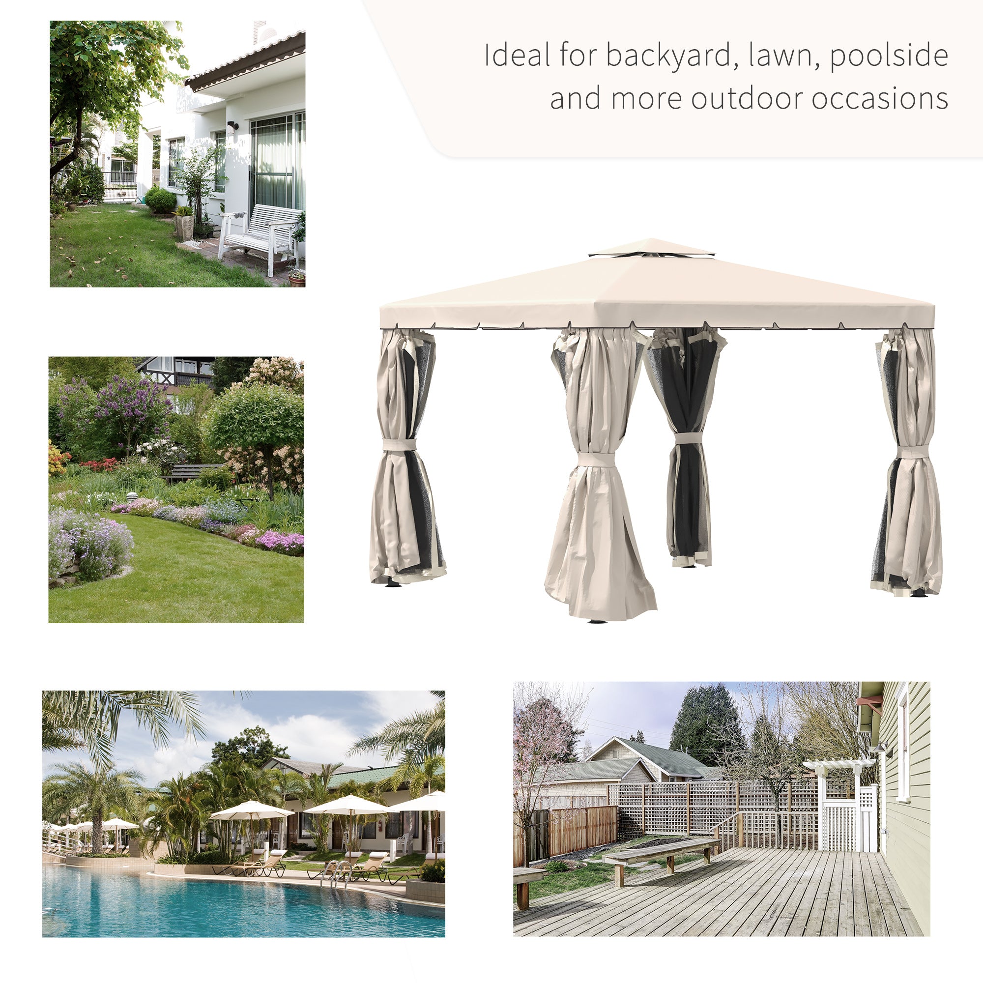 Outsunny 10' x 10' Outdoor Patio Gazebo Double Soft-top Garden Shelter Tent with Beautiful Polyester Curtains, & Mesh Screen Drapes, Cream White