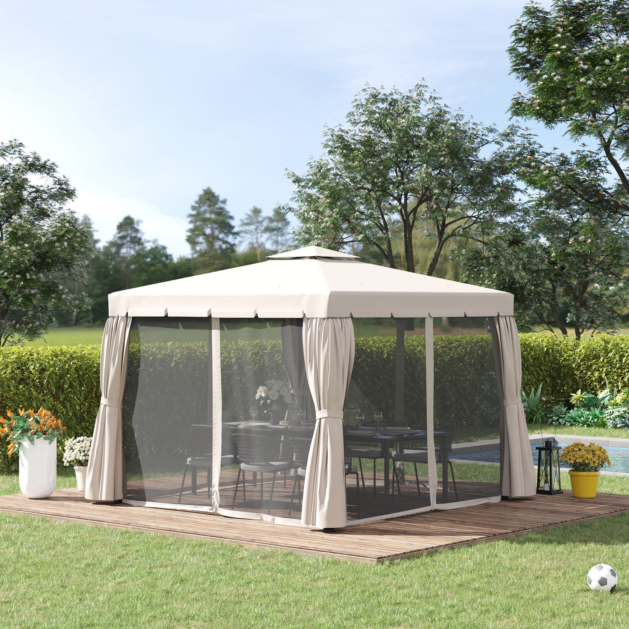 Outsunny 10' x 10' Outdoor Patio Gazebo Double Soft-top Garden Shelter Tent with Beautiful Polyester Curtains, & Mesh Screen Drapes, Cream White