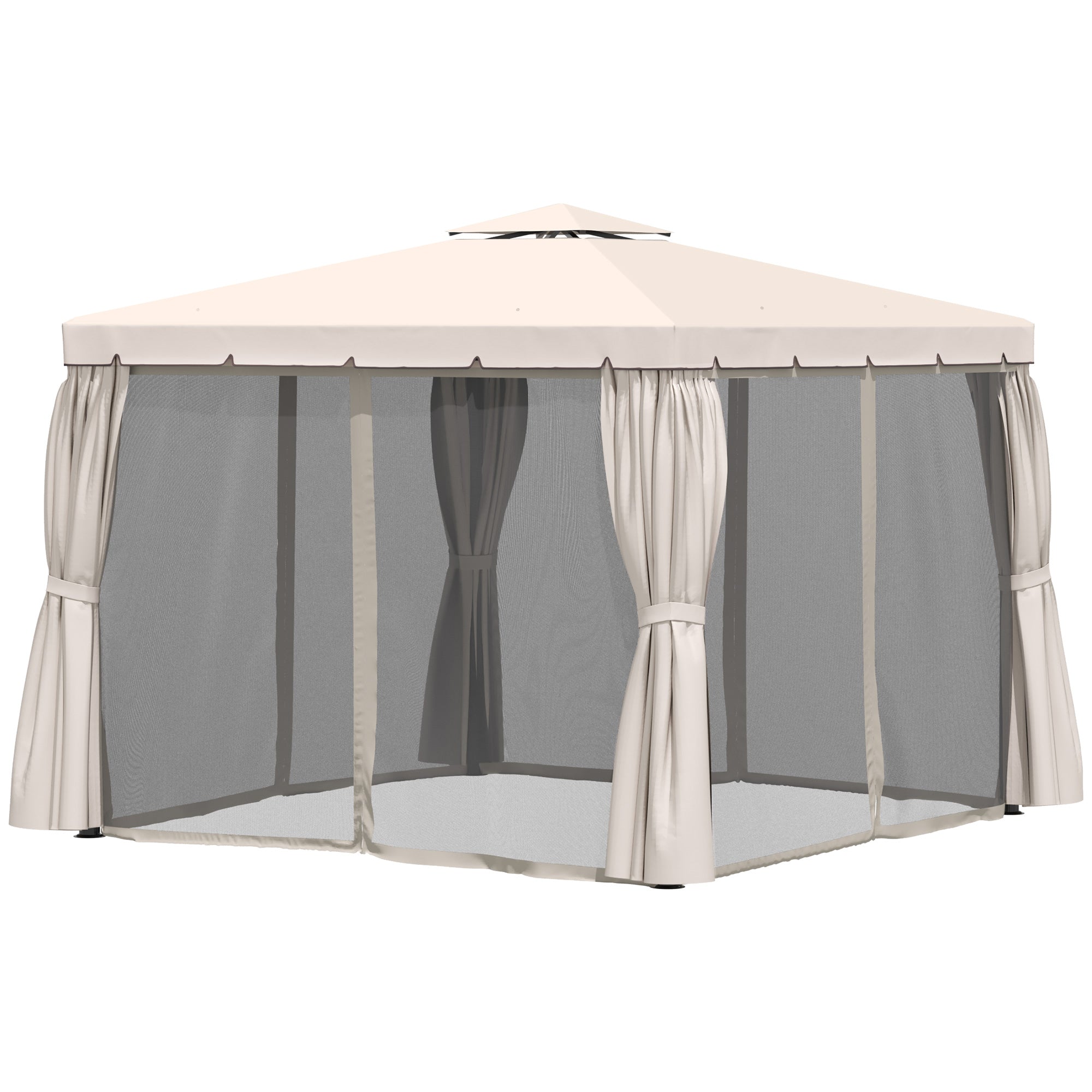 Outsunny 10' x 10' Outdoor Patio Gazebo Double Soft-top Garden Shelter Tent with Beautiful Polyester Curtains, & Mesh Screen Drapes, Cream White