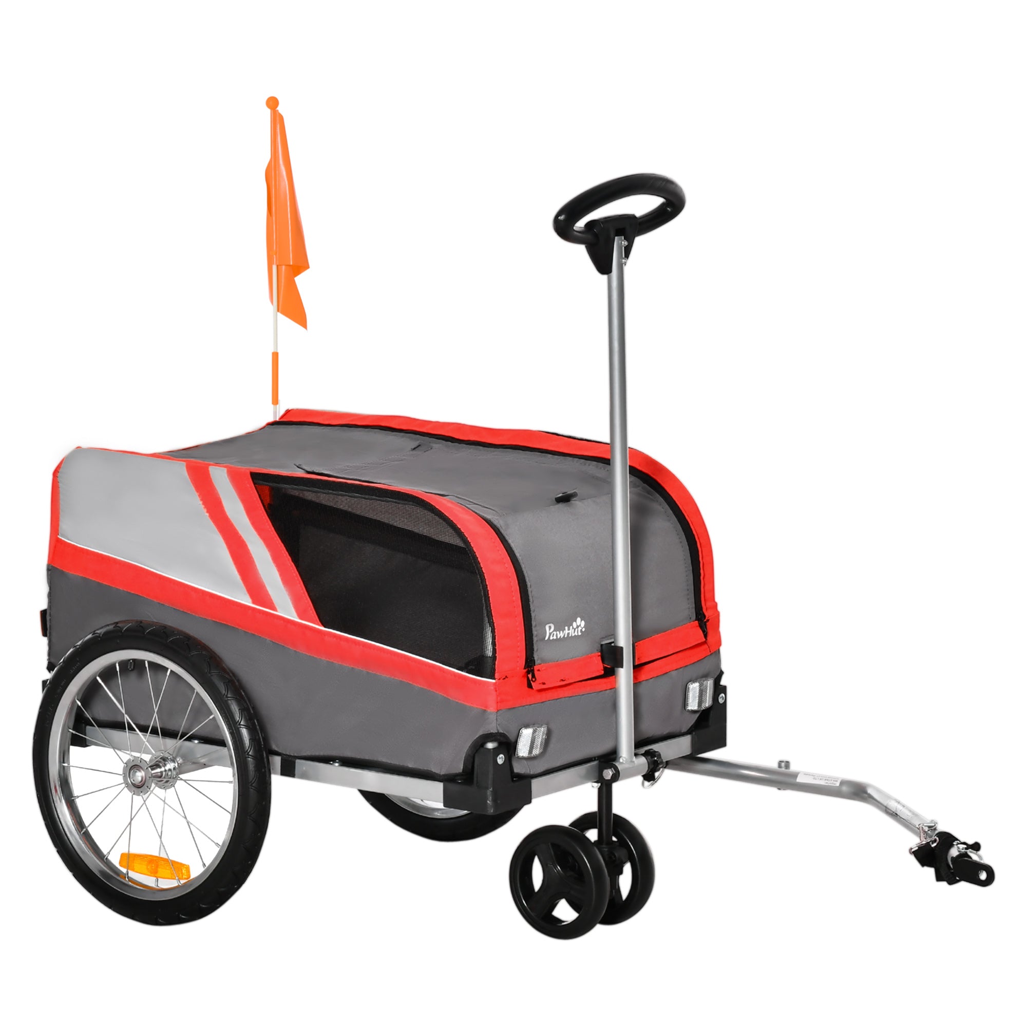 PawHut Dog Bike Trailer 2-in-1 Trolley Stroller Cart Bicycle Carrier for Cat Puppy Travel w/ Reflectors Hitch Coupler Red Flag – Red