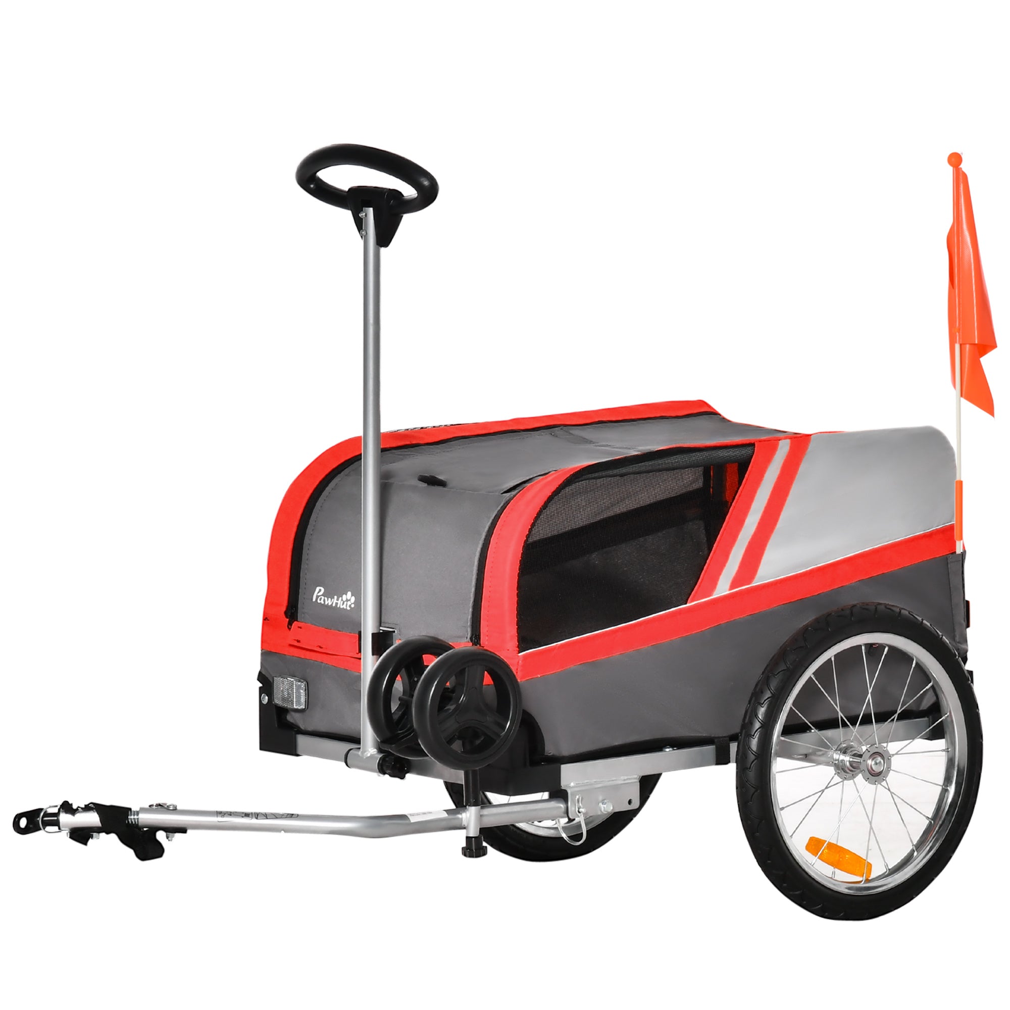 PawHut Dog Bike Trailer 2-in-1 Trolley Stroller Cart Bicycle Carrier for Cat Puppy Travel w/ Reflectors Hitch Coupler Red Flag – Red