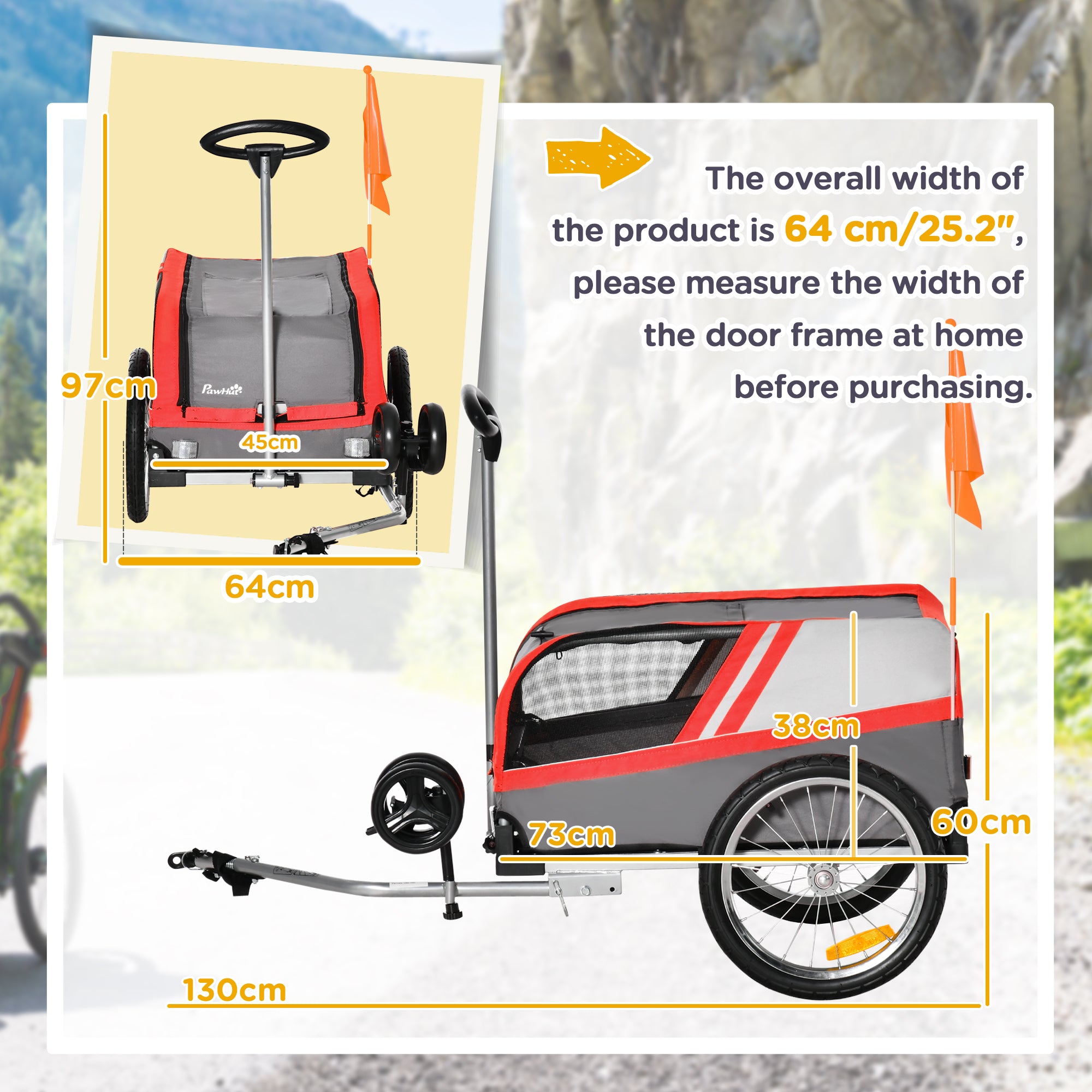 PawHut Dog Bike Trailer 2-in-1 Trolley Stroller Cart Bicycle Carrier for Cat Puppy Travel w/ Reflectors Hitch Coupler Red Flag – Red