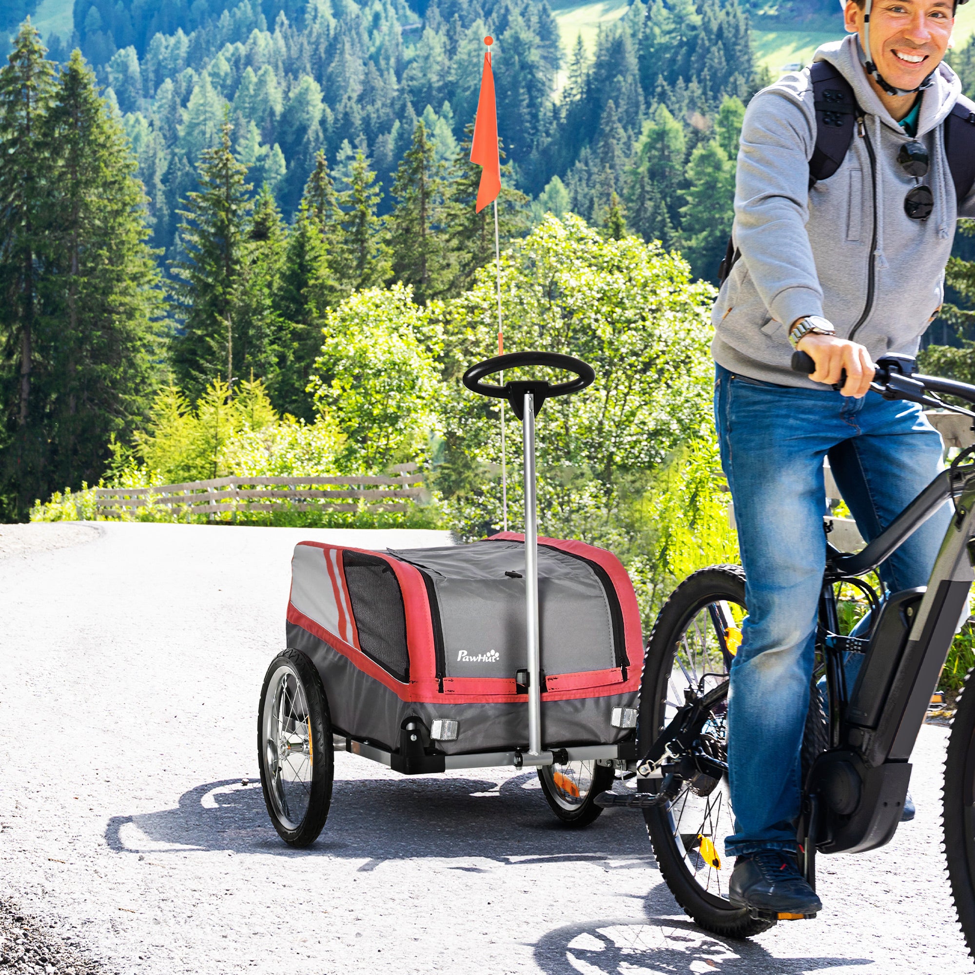 PawHut Dog Bike Trailer 2-in-1 Trolley Stroller Cart Bicycle Carrier for Cat Puppy Travel w/ Reflectors Hitch Coupler Red Flag – Red