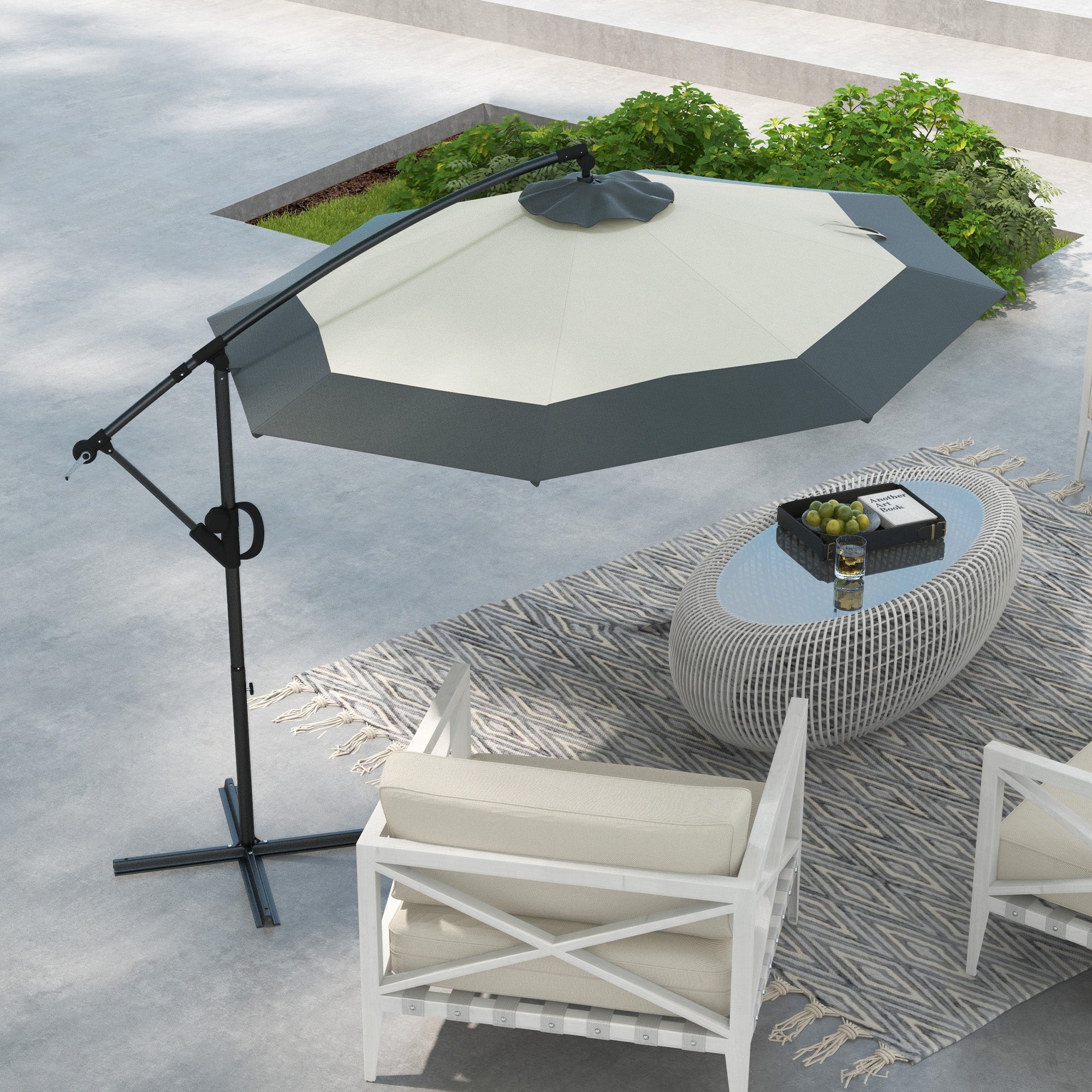 Outsunny 10FT Cantilever Patio Umbrella, Round Hanging Offset Umbrella with Crank, Tilt, Cross Base, 8 Ribs and Air Vent, Outdoor Market Umbrella for Garden, Backyard, Grey