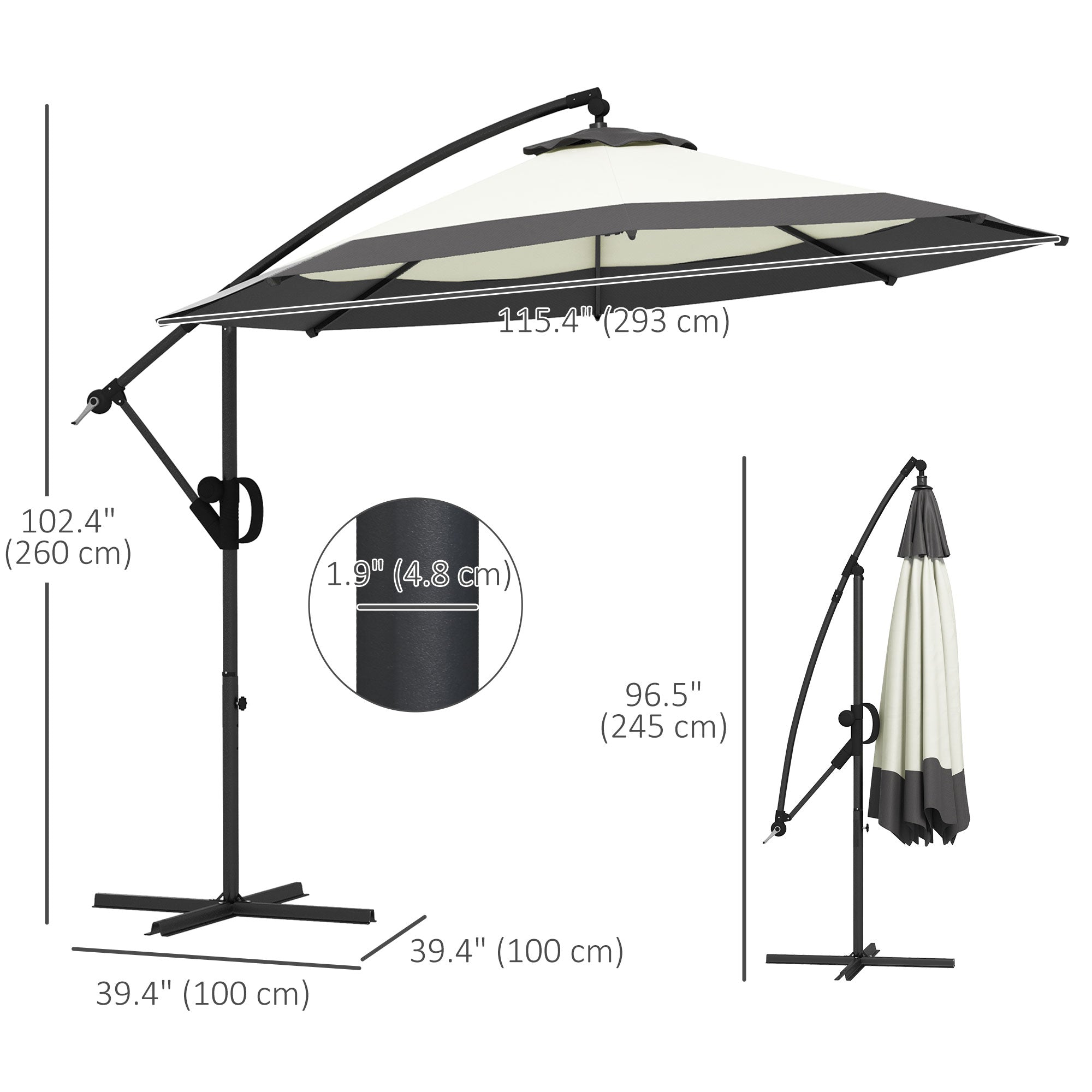 Outsunny 10FT Cantilever Patio Umbrella, Round Hanging Offset Umbrella with Crank, Tilt, Cross Base, 8 Ribs and Air Vent, Outdoor Market Umbrella for Garden, Backyard, Grey