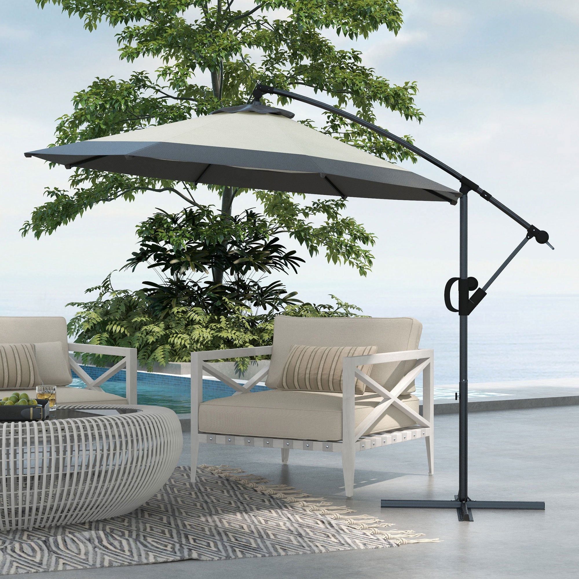 Outsunny 10FT Cantilever Patio Umbrella, Round Hanging Offset Umbrella with Crank, Tilt, Cross Base, 8 Ribs and Air Vent, Outdoor Market Umbrella for Garden, Backyard, Grey