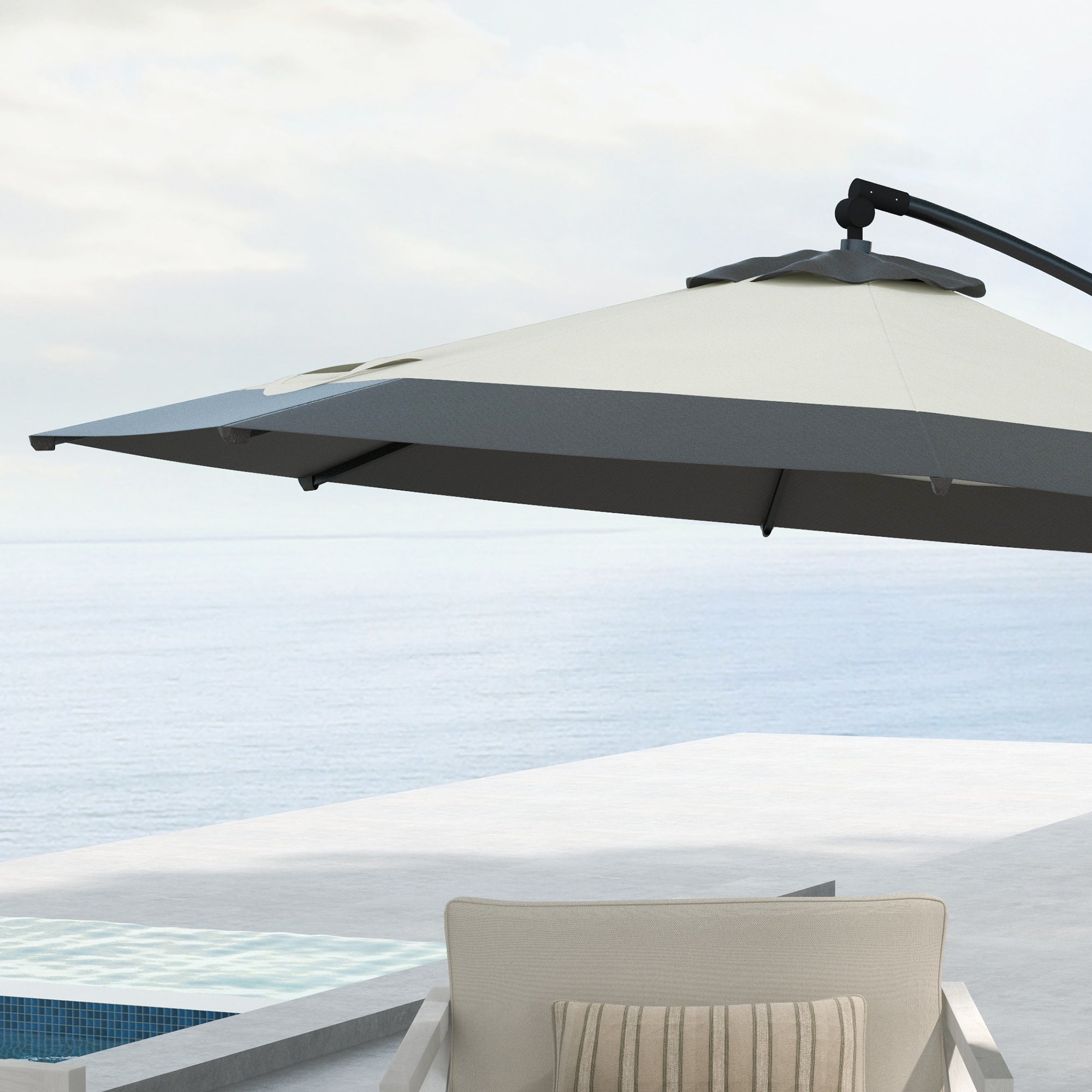 Outsunny 10FT Cantilever Patio Umbrella, Round Hanging Offset Umbrella with Crank, Tilt, Cross Base, 8 Ribs and Air Vent, Outdoor Market Umbrella for Garden, Backyard, Grey