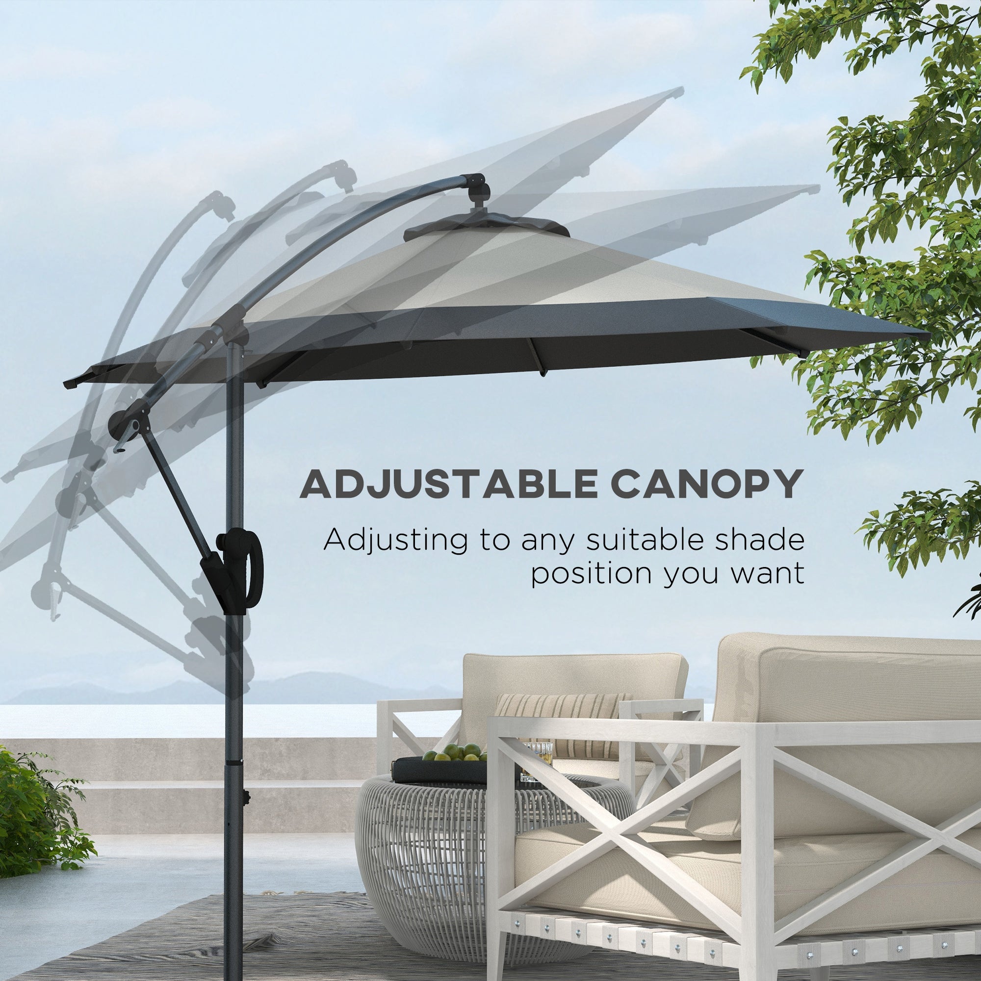 Outsunny 10FT Cantilever Patio Umbrella, Round Hanging Offset Umbrella with Crank, Tilt, Cross Base, 8 Ribs and Air Vent, Outdoor Market Umbrella for Garden, Backyard, Grey