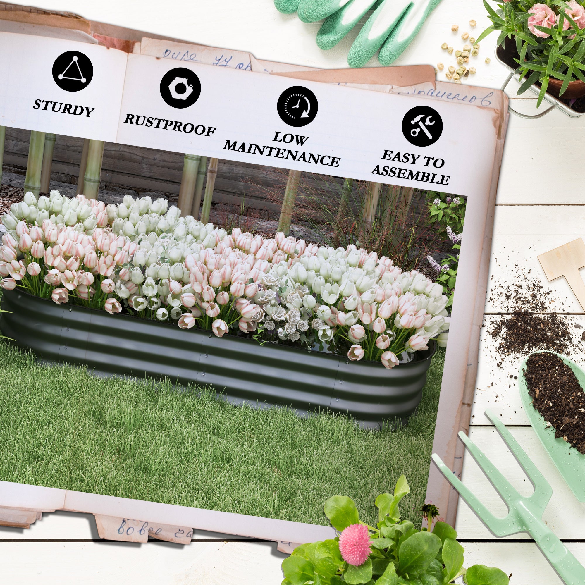 Outsunny 4.9' x 2' x 1' Galvanized Raised Garden Bed Kit, Metal Elevated Planter Box with Safety Edging, Easy DIY for Growing Flowers, Herbs, Succulents, Dark Grey