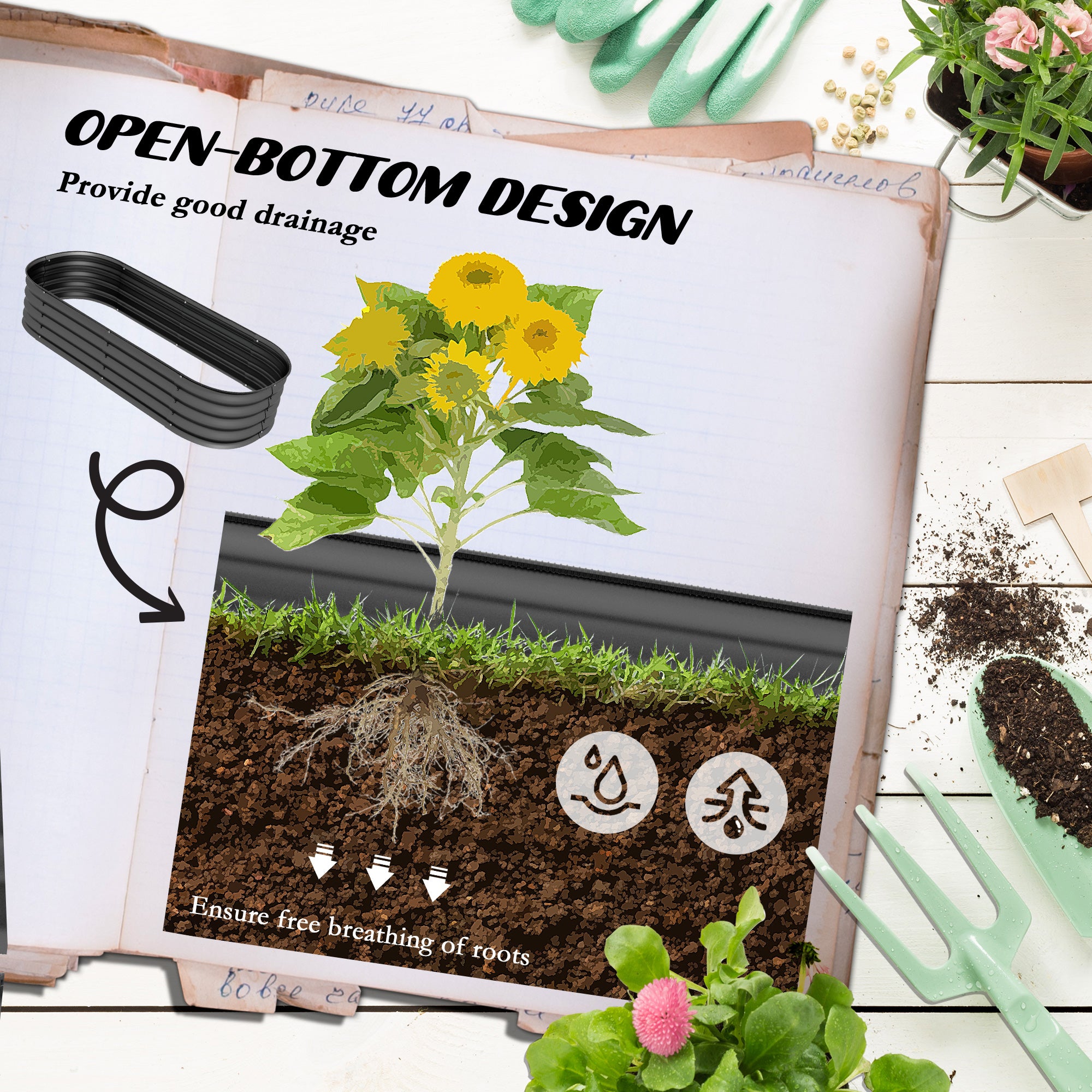 Outsunny 4.9' x 2' x 1' Galvanized Raised Garden Bed Kit, Metal Elevated Planter Box with Safety Edging, Easy DIY for Growing Flowers, Herbs, Succulents, Dark Grey