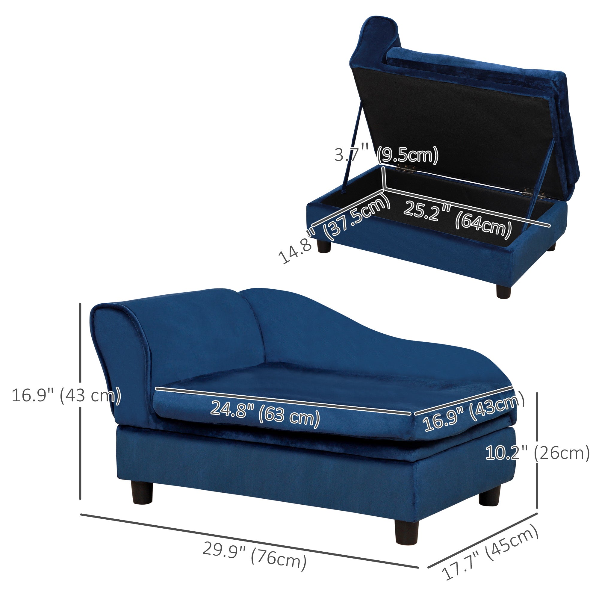 PawHut Pet Sofa Dog Couch Chaise Lounge Pet Bed with Storage Function Small Sized Dog Various Cat Sponge Cushioned Bed Lounge, Blue