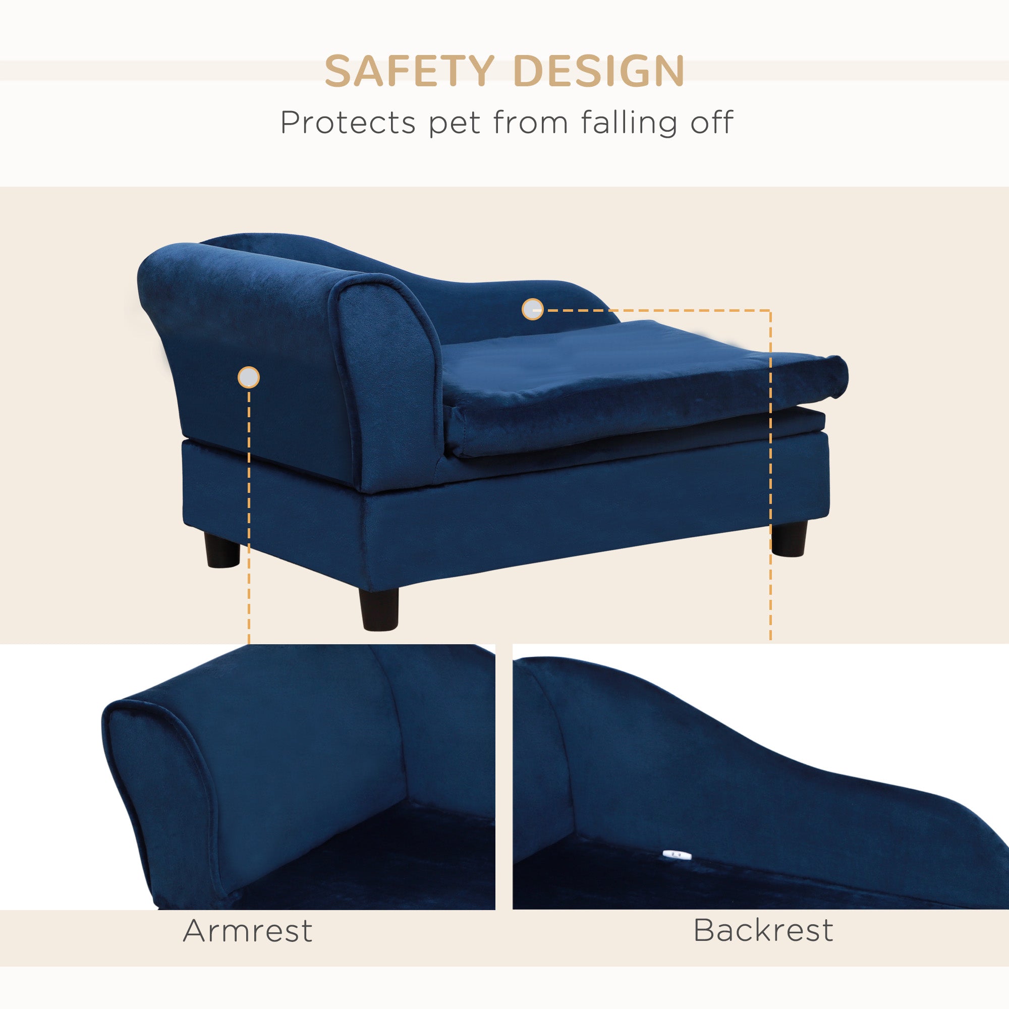 PawHut Pet Sofa Dog Couch Chaise Lounge Pet Bed with Storage Function Small Sized Dog Various Cat Sponge Cushioned Bed Lounge, Blue