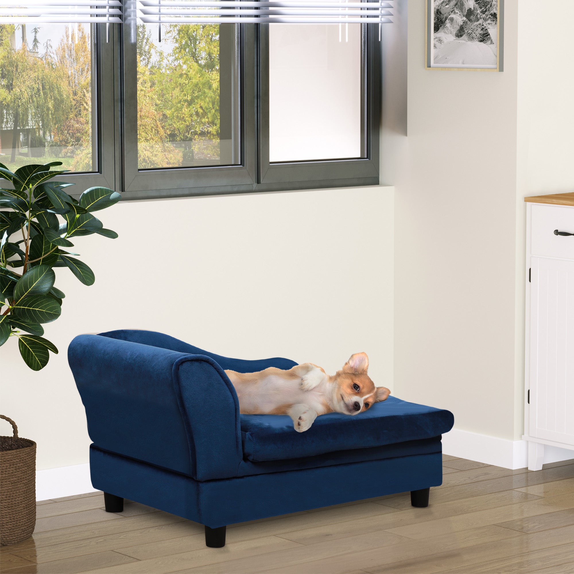 PawHut Pet Sofa Dog Couch Chaise Lounge Pet Bed with Storage Function Small Sized Dog Various Cat Sponge Cushioned Bed Lounge, Blue