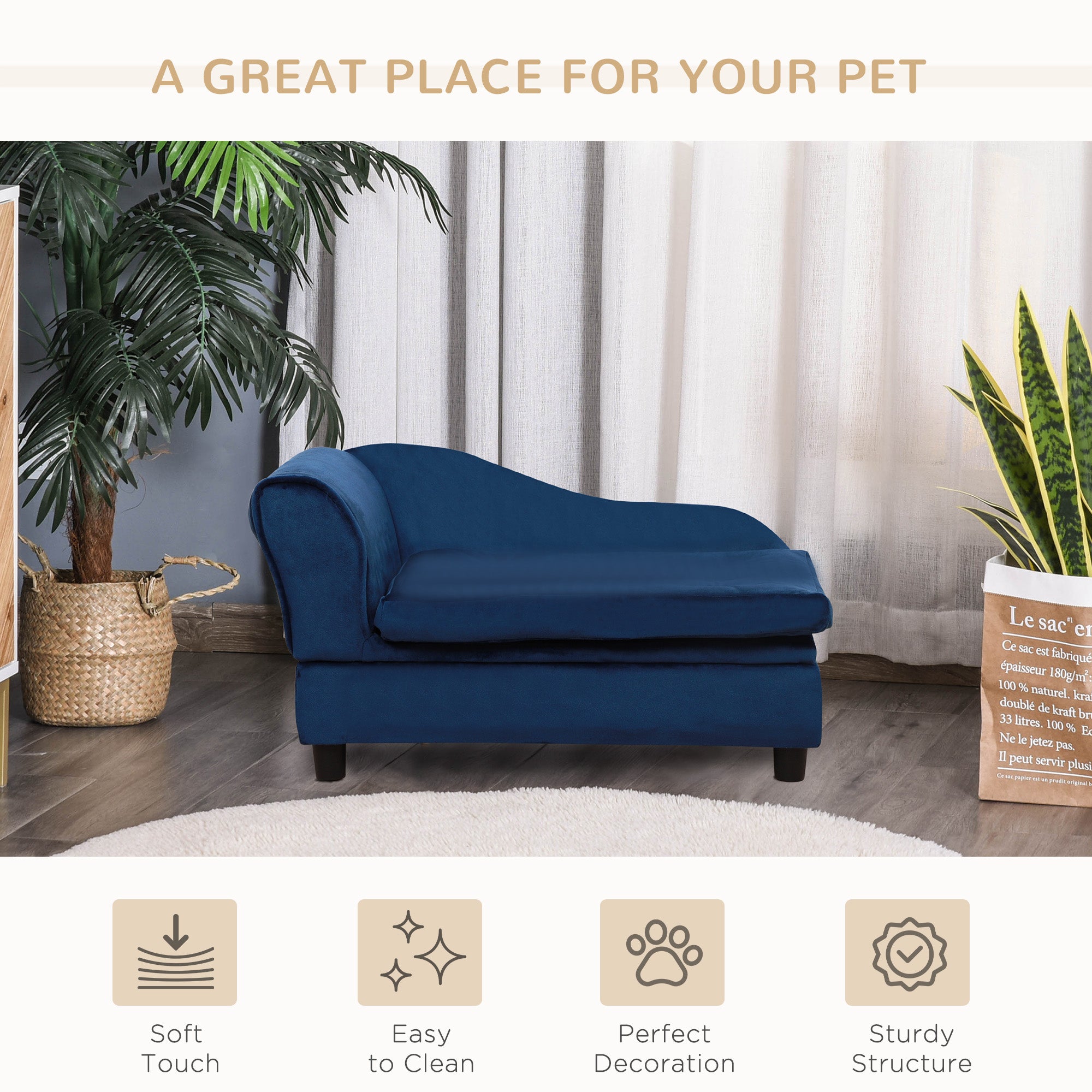PawHut Pet Sofa Dog Couch Chaise Lounge Pet Bed with Storage Function Small Sized Dog Various Cat Sponge Cushioned Bed Lounge, Blue