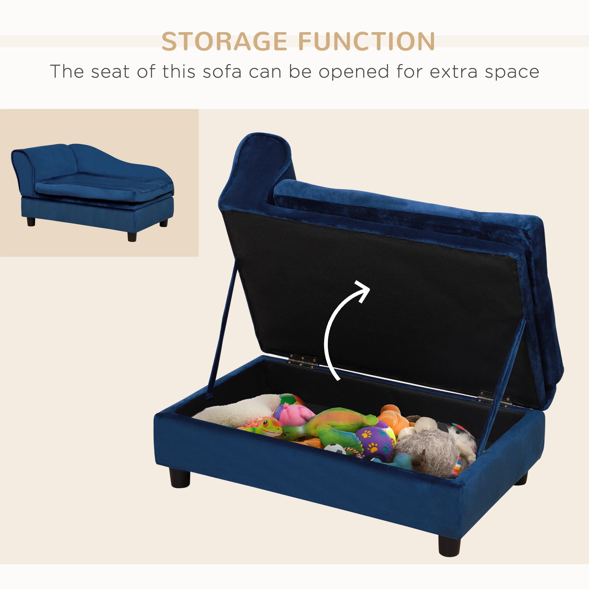 PawHut Pet Sofa Dog Couch Chaise Lounge Pet Bed with Storage Function Small Sized Dog Various Cat Sponge Cushioned Bed Lounge, Blue