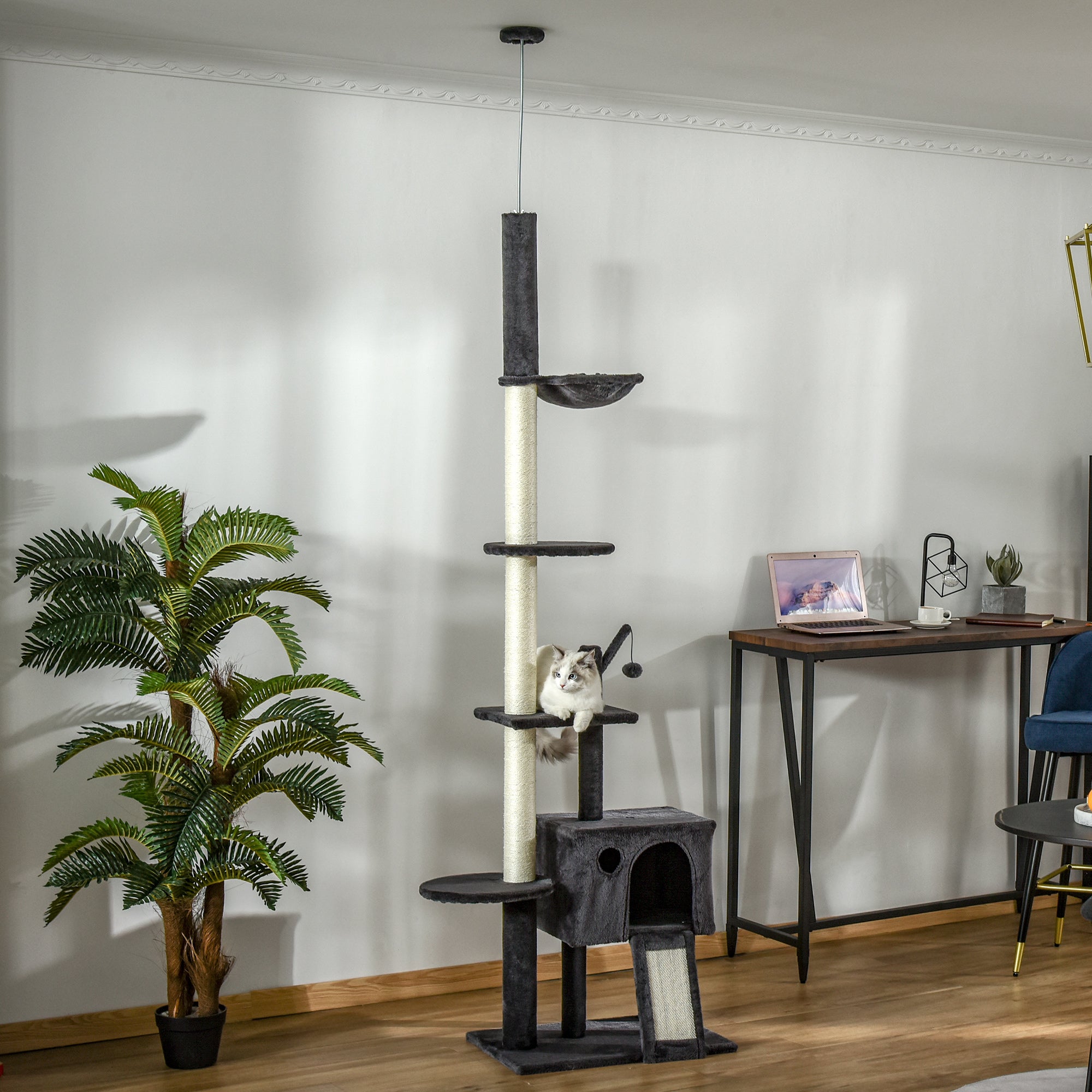 PawHut 106" Huge Cat Tree Floor-to-Ceiling, Cat Climbing Tower, Kitty Activity Center with Scratching Post Board, Hammock, Hanging Ball, Rest Dark Gray