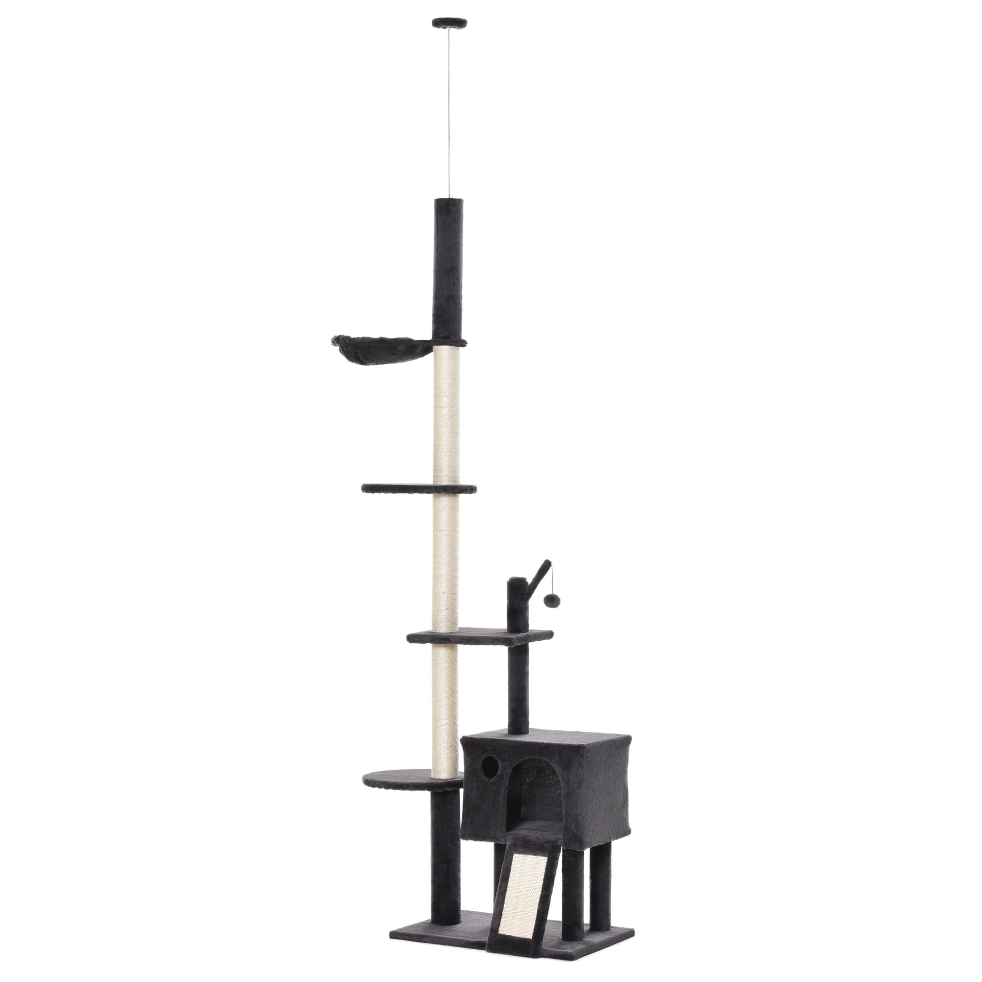 PawHut 106" Huge Cat Tree Floor-to-Ceiling, Cat Climbing Tower, Kitty Activity Center with Scratching Post Board, Hammock, Hanging Ball, Rest Dark Gray
