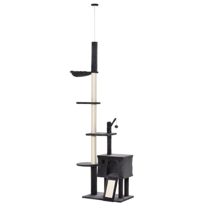 PawHut 106" Huge Cat Tree Floor-to-Ceiling, Cat Climbing Tower, Kitty Activity Center with Scratching Post Board, Hammock, Hanging Ball, Rest Dark Gray