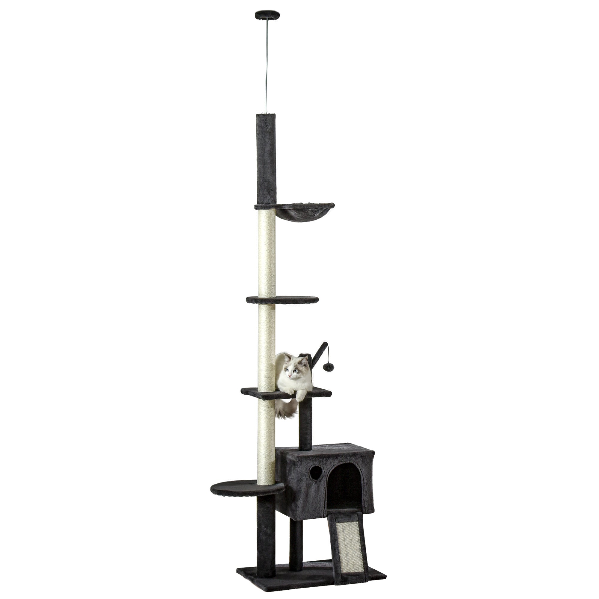 PawHut 106" Huge Cat Tree Floor-to-Ceiling, Cat Climbing Tower, Kitty Activity Center with Scratching Post Board, Hammock, Hanging Ball, Rest Dark Gray