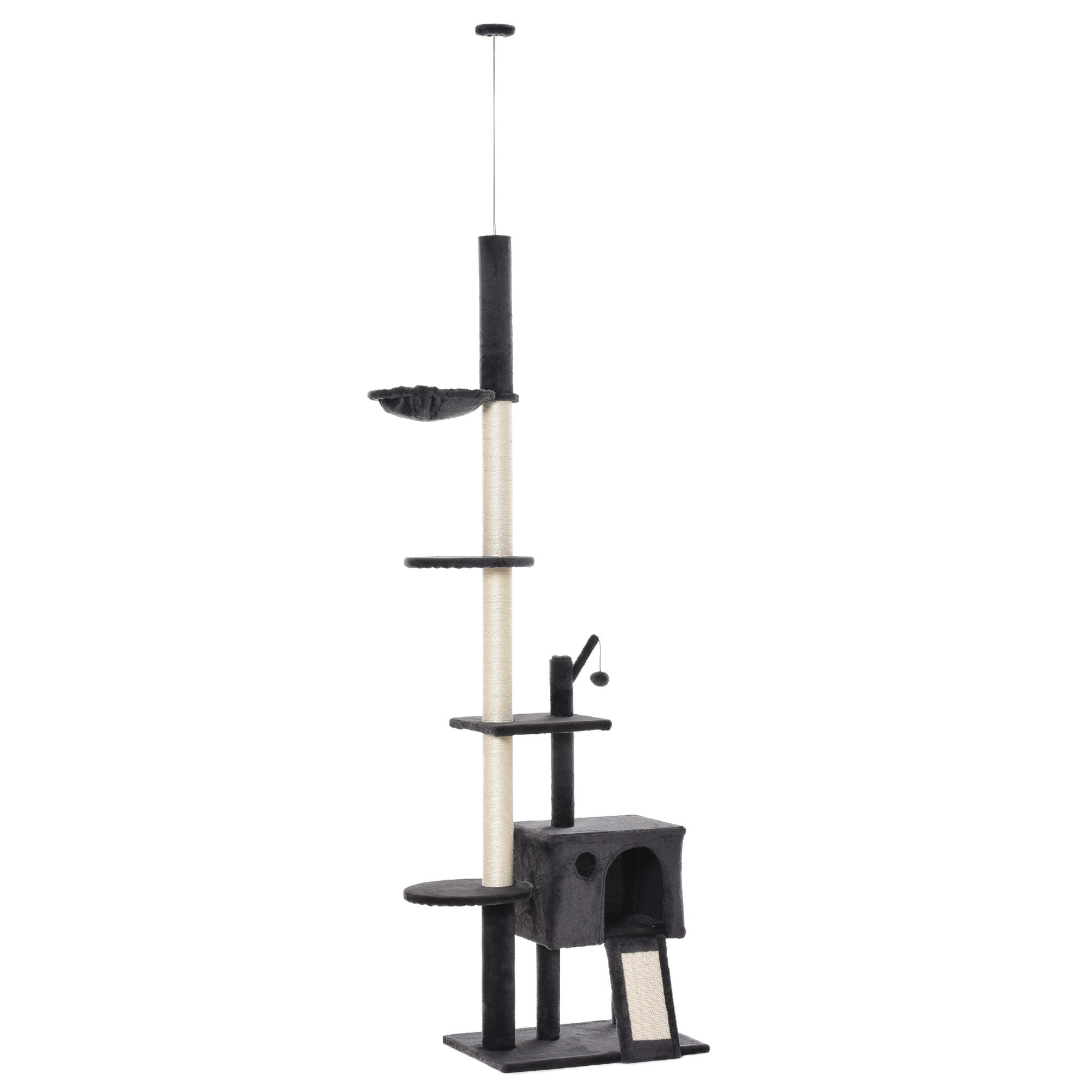 PawHut 106" Huge Cat Tree Floor-to-Ceiling, Cat Climbing Tower, Kitty Activity Center with Scratching Post Board, Hammock, Hanging Ball, Rest Dark Gray