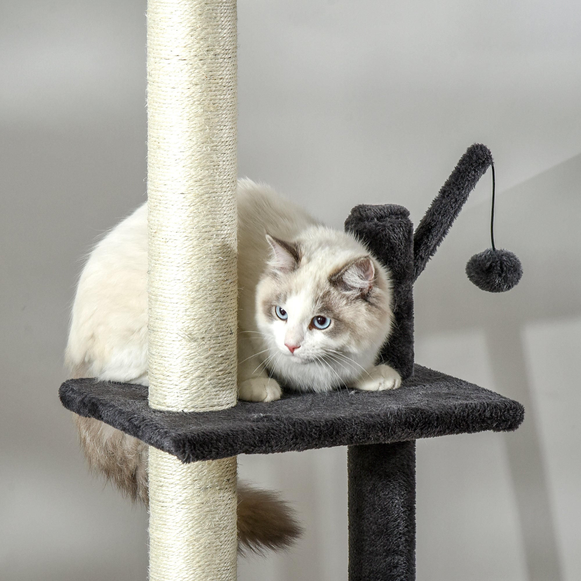 PawHut 106" Huge Cat Tree Floor-to-Ceiling, Cat Climbing Tower, Kitty Activity Center with Scratching Post Board, Hammock, Hanging Ball, Rest Dark Gray